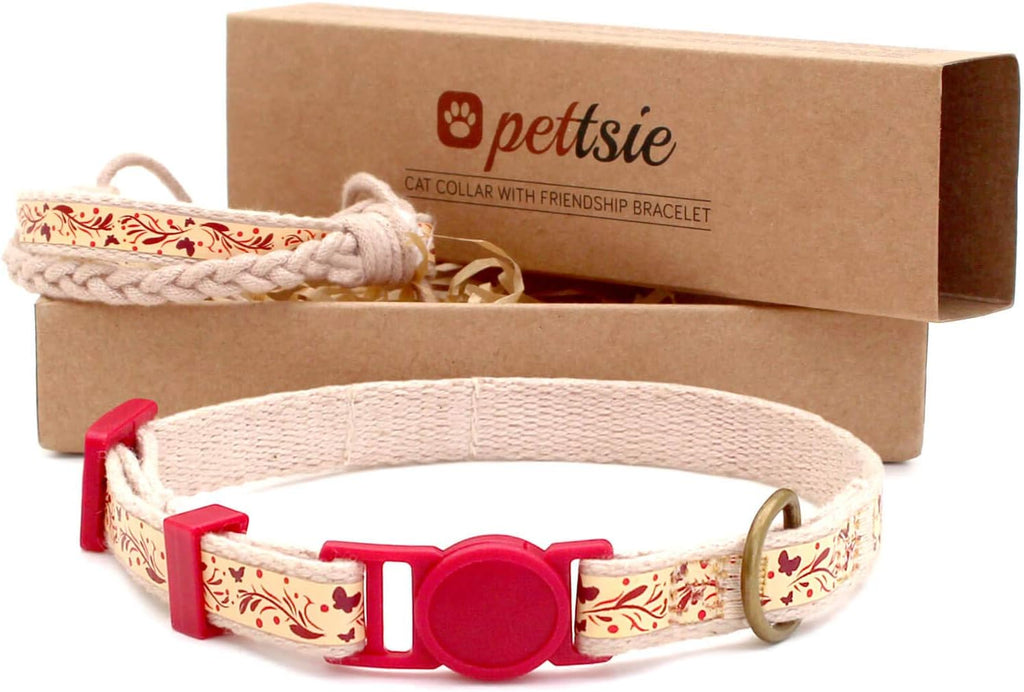 Breakaway Cat Collar & Matching Friendship Bracelet – Adjustable, Soft Cotton Collar for Cats, Quick-Release Safety Buckle, Lightweight, Stylish, Anti-Lost ID Tag, Red