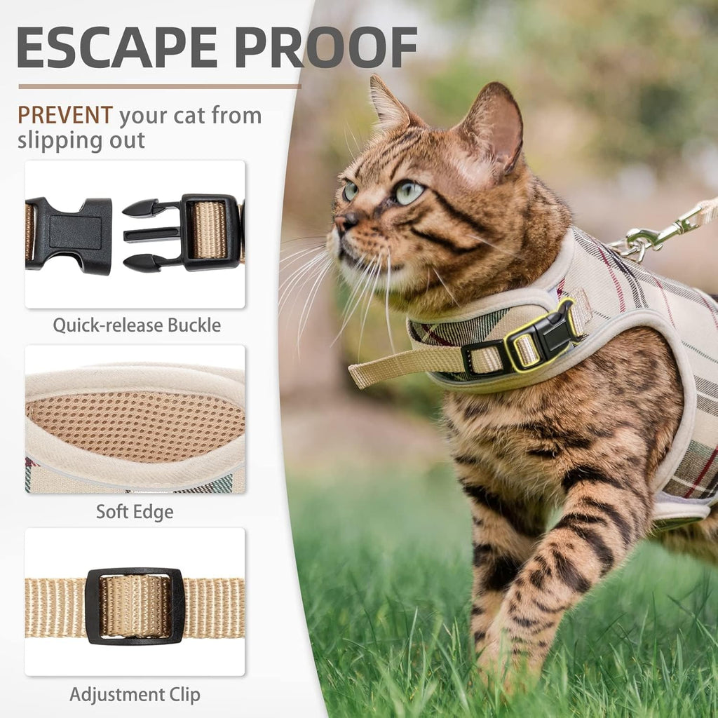 Soft Mesh Cat Vest Harness and Leash Set Puppy Padded Pet Harnesses Escape Proof for Cats Small Dogs Rabbits Bunny, Plaid Beige, M