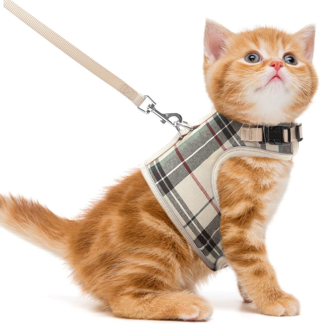Soft Mesh Cat Vest Harness and Leash Set Puppy Padded Pet Harnesses Escape Proof for Cats Small Dogs Rabbits Bunny, Plaid Beige, M
