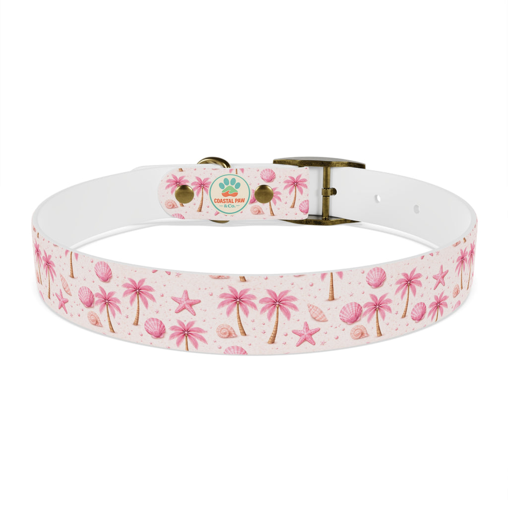 Pink Seashell Palm Tree Pattern Dog Collar | Beach Summer Print