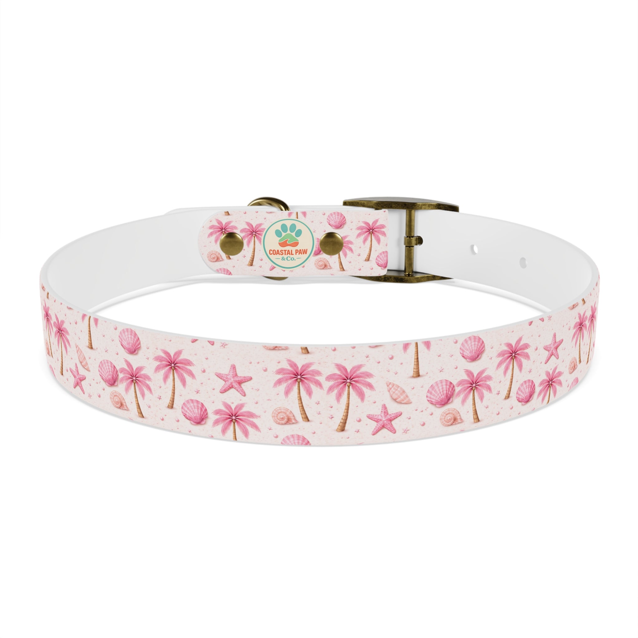 Pink Seashell Palm Tree Pattern Dog Collar | Beach Summer Print