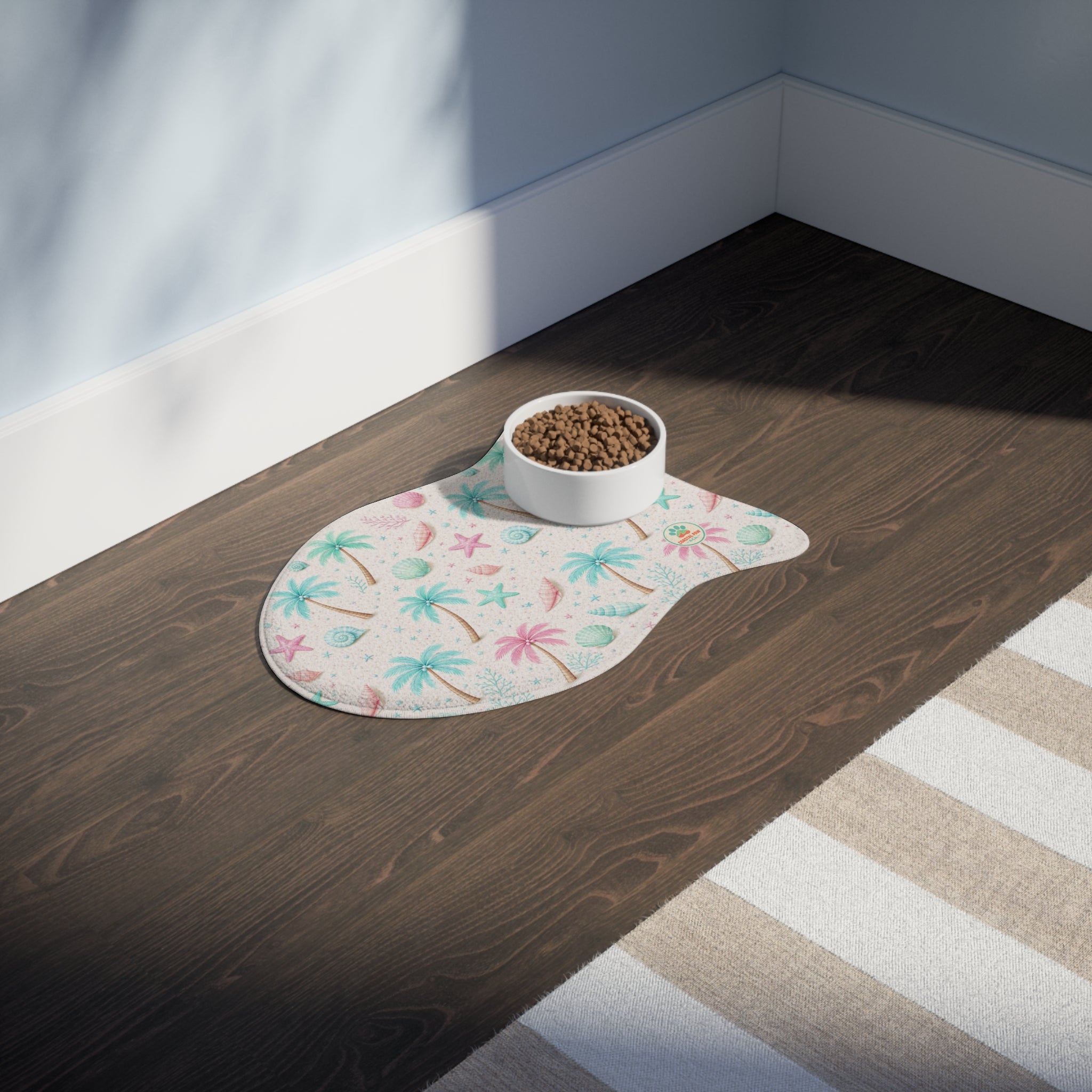 Tropical Palm Shells Pet Feeding Mat | Coastal Beach Pattern