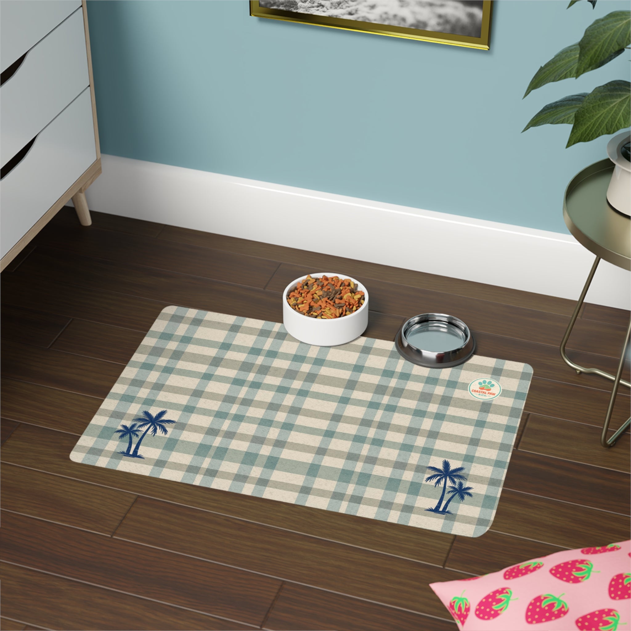 Navy Palm Trees Plaid Pet Food Mat