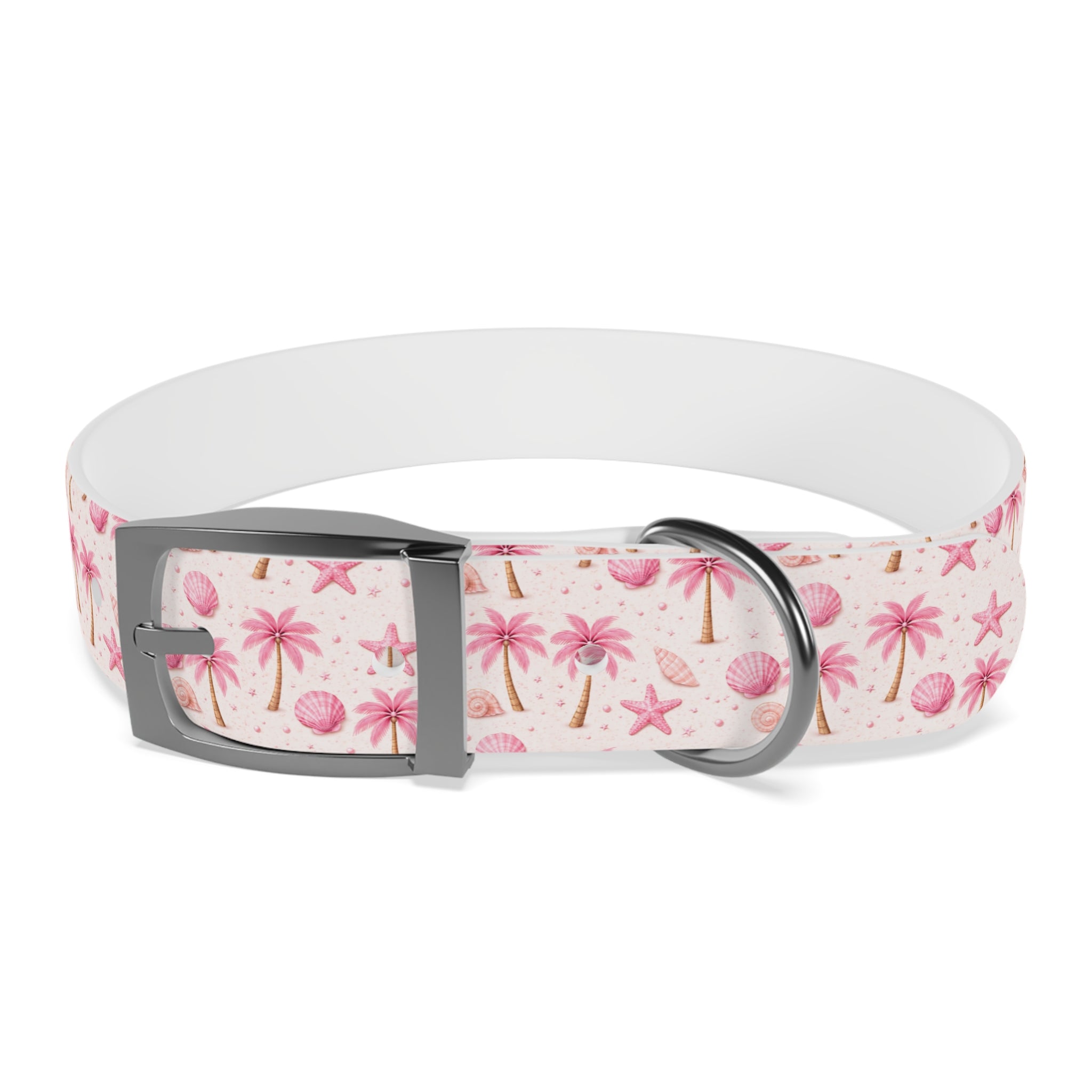 Pink Seashell Palm Tree Pattern Dog Collar | Beach Summer Print