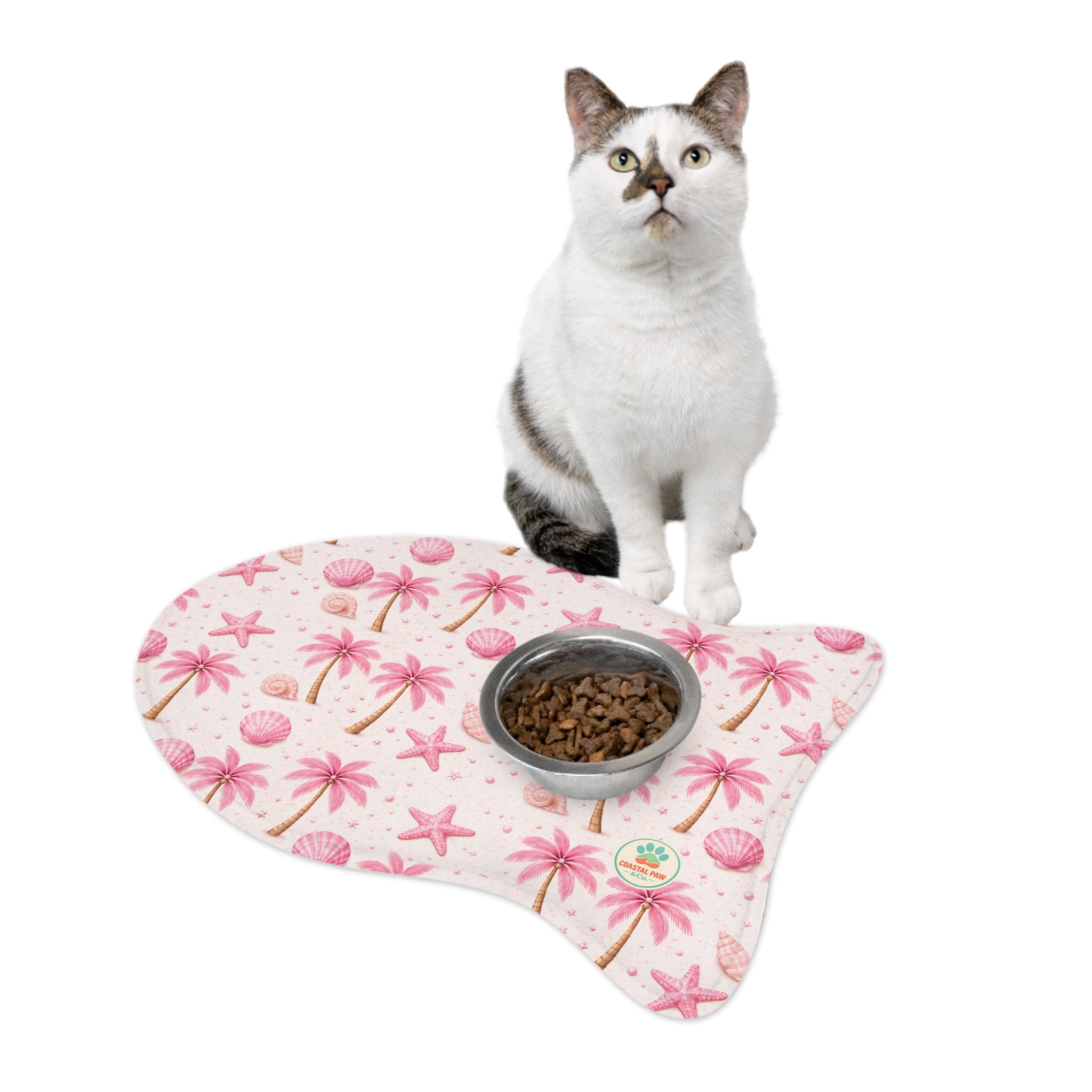 Pink Palm Trees Seashells Pet Feeding Mat | Spill proof Non-slip Placemat