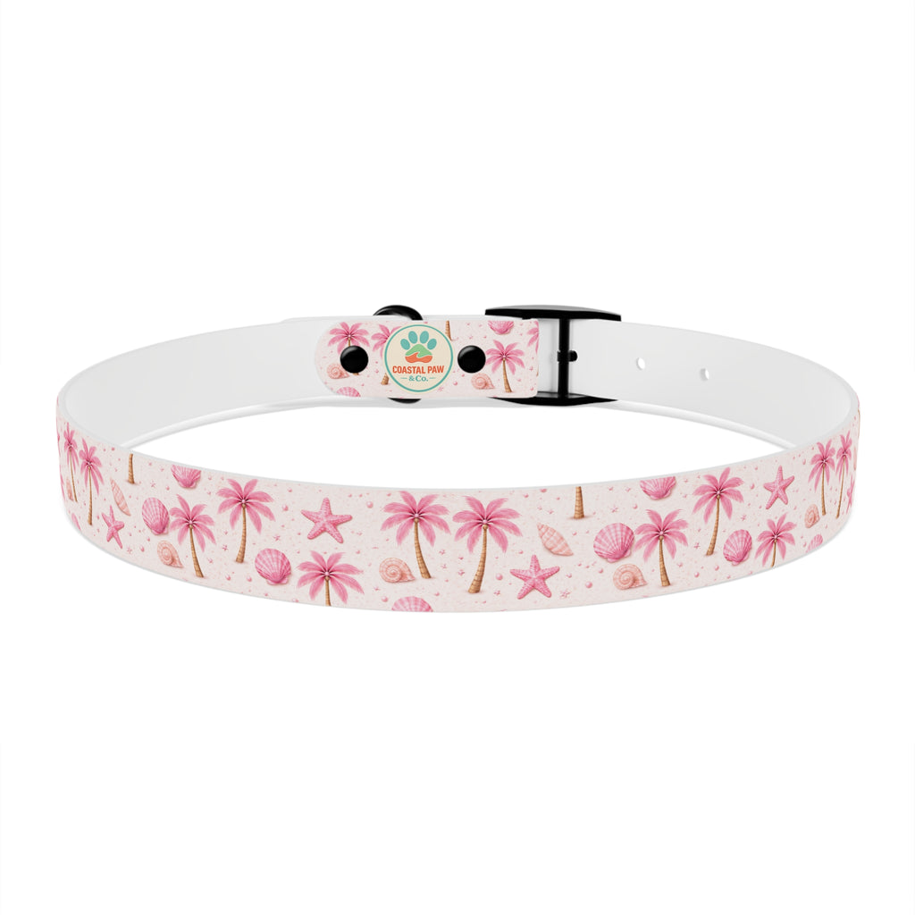 Pink Seashell Palm Tree Pattern Dog Collar | Beach Summer Print