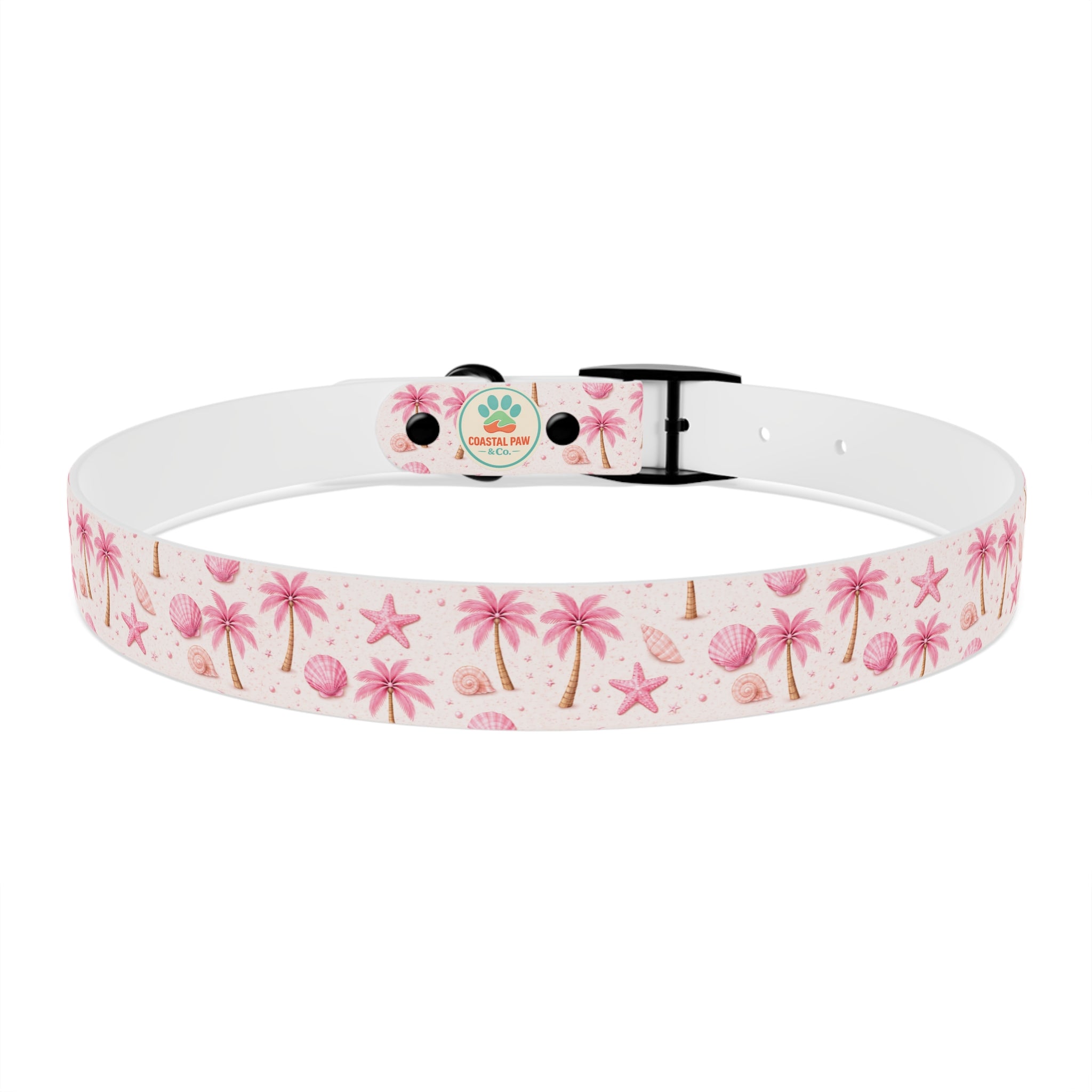 Pink Seashell Palm Tree Pattern Dog Collar | Beach Summer Print