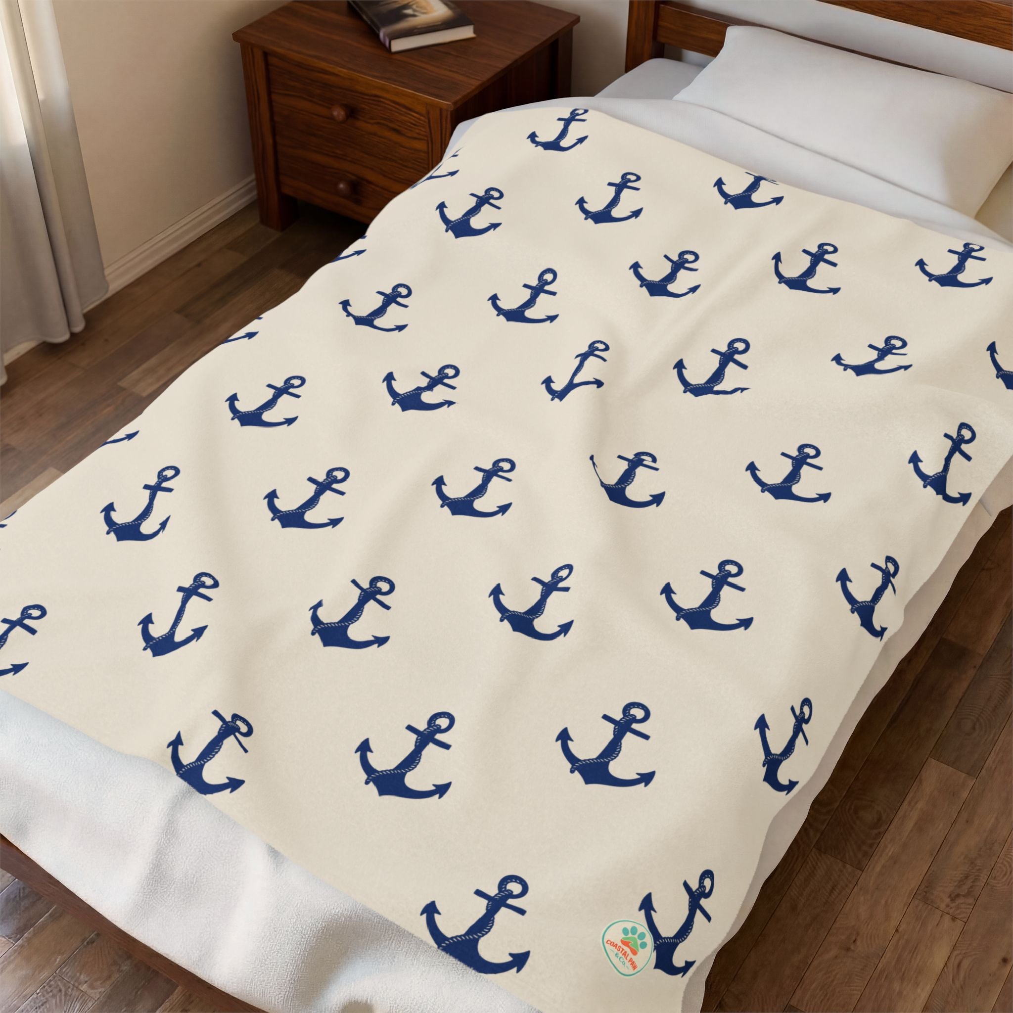 Navy Anchor Pattern Velveteen Plush Blanket | Nautical Anchors Throw