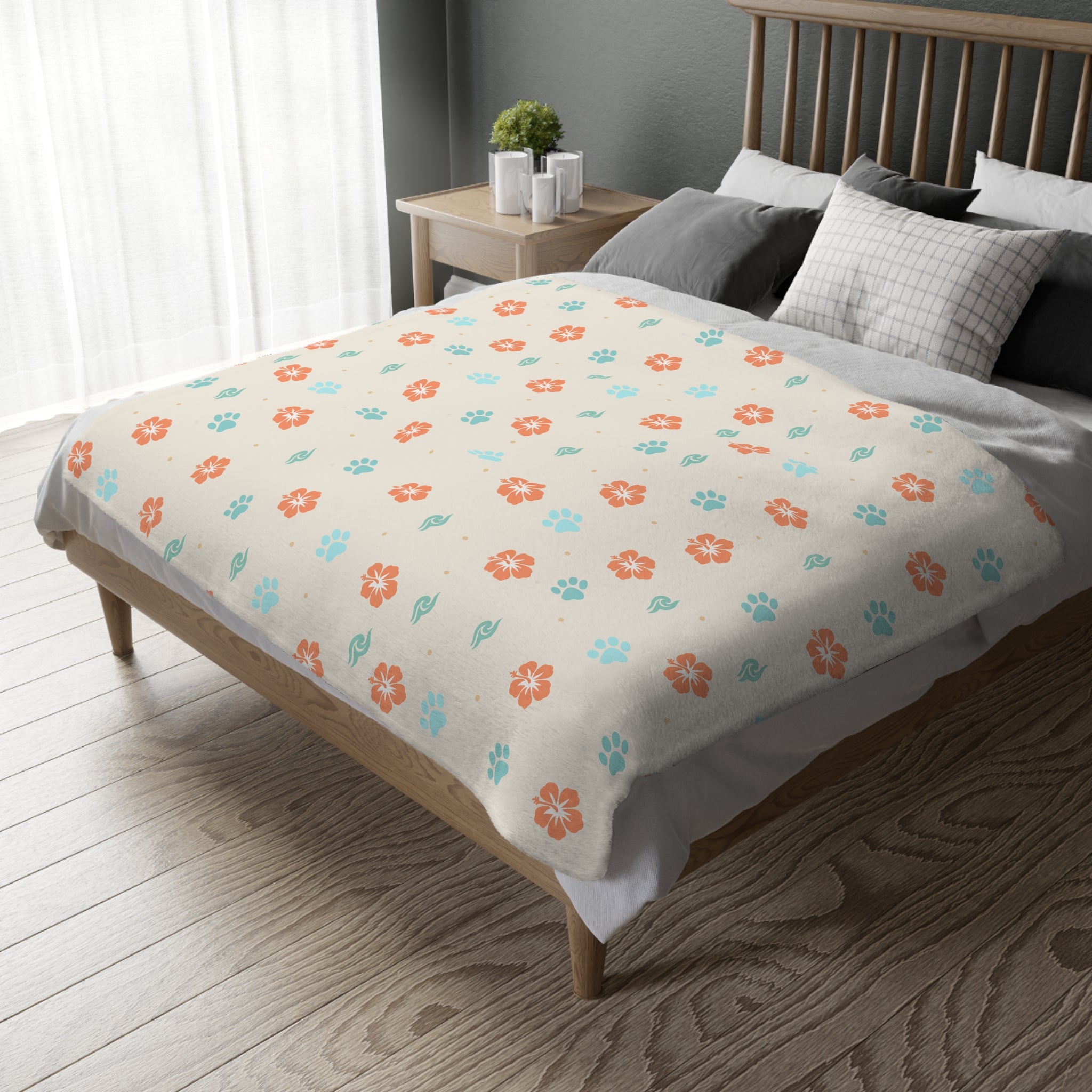 Floral Paw Print Blanket Velveteen Microfiber Blanket | Two-Sided Print