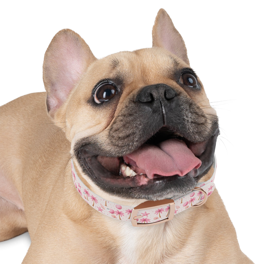 Pink Seashell Palm Tree Pattern Dog Collar | Beach Summer Print