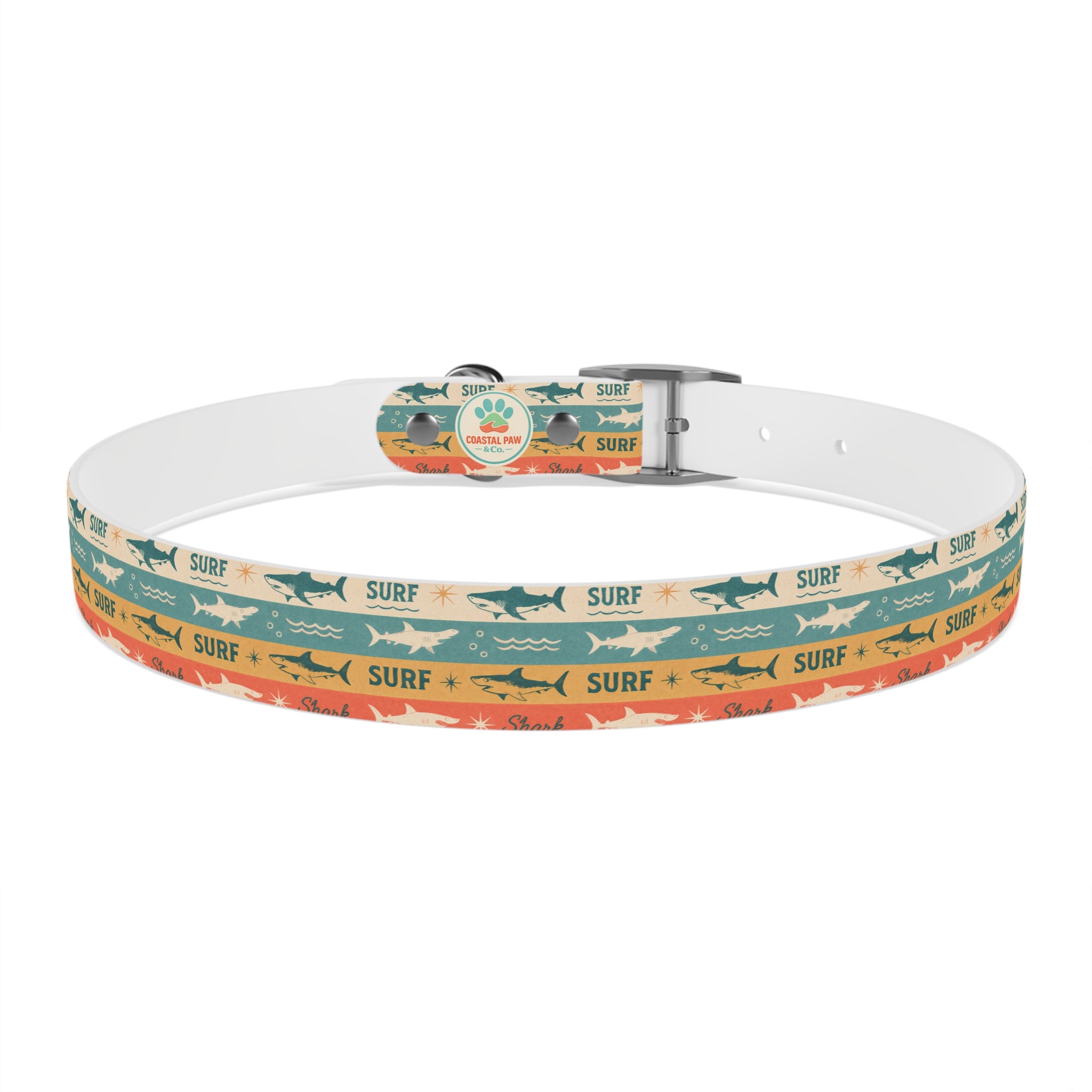 Retro Surf Sharks Dog Collar | Striped Beach Waves Pattern