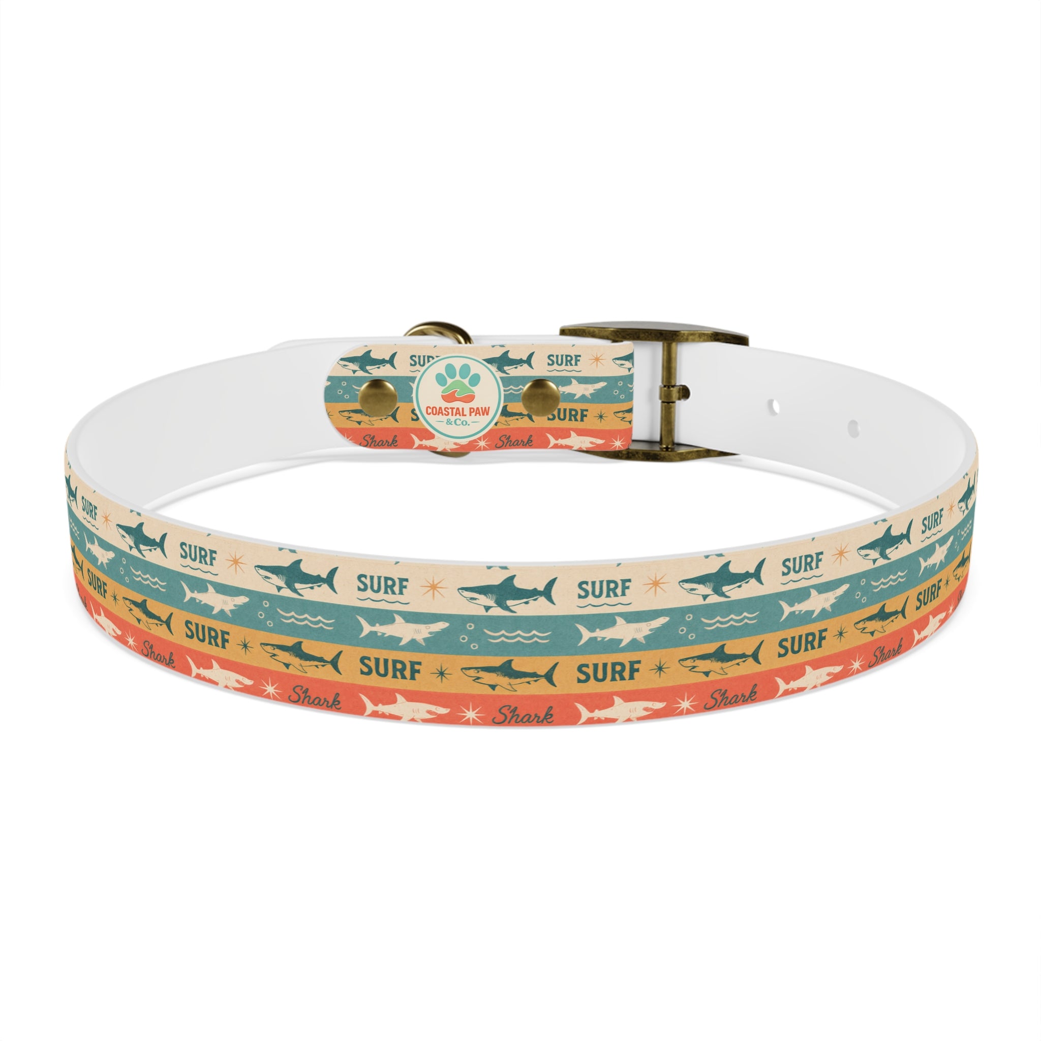 Retro Surf Sharks Dog Collar | Striped Beach Waves Pattern