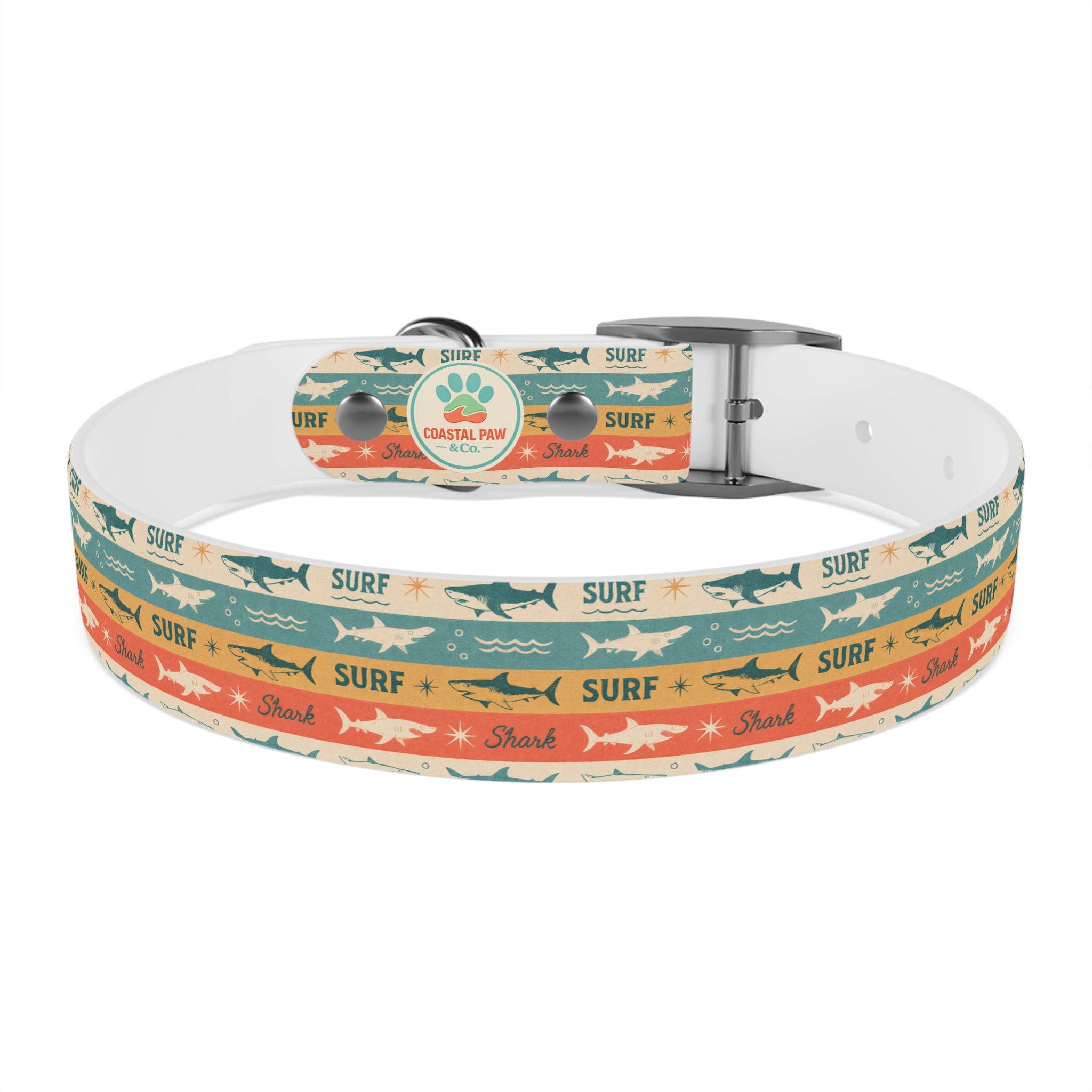 Retro Surf Sharks Dog Collar | Striped Beach Waves Pattern