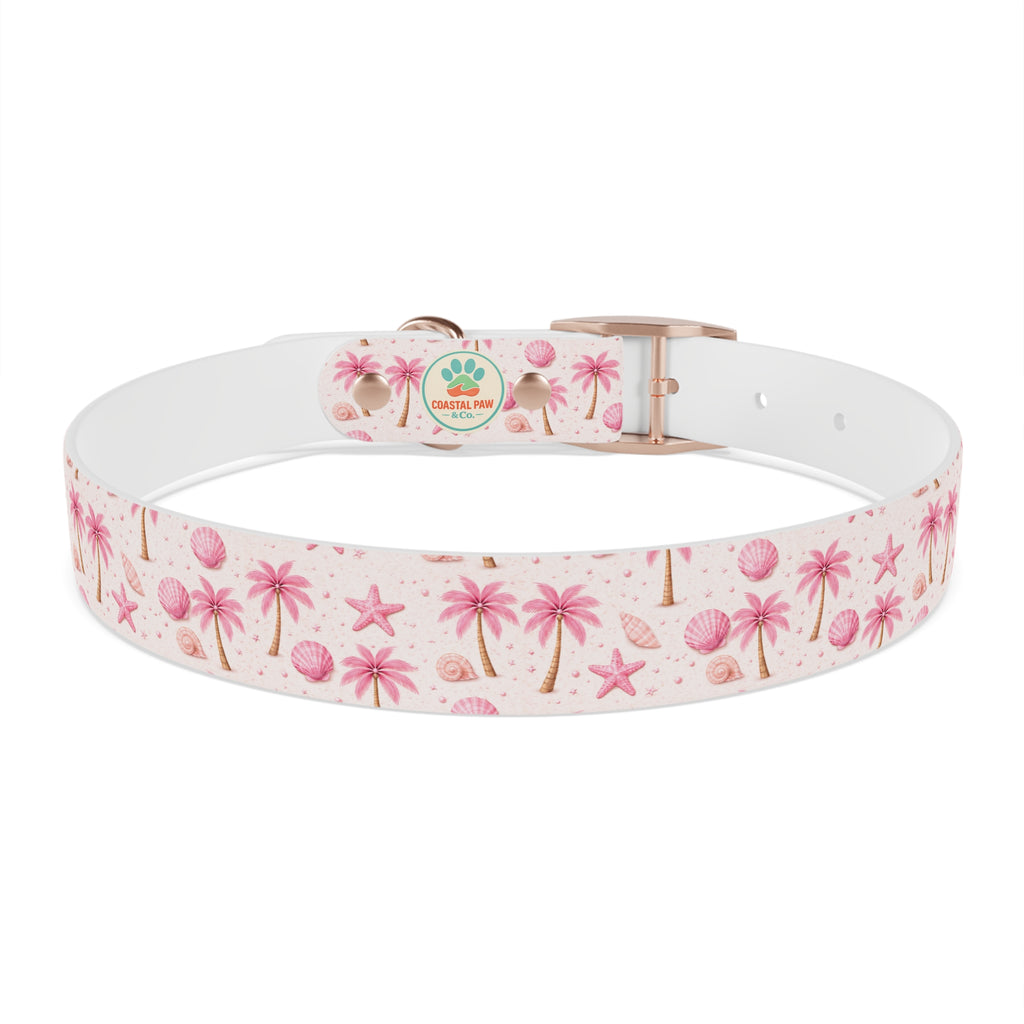 Pink Seashell Palm Tree Pattern Dog Collar | Beach Summer Print