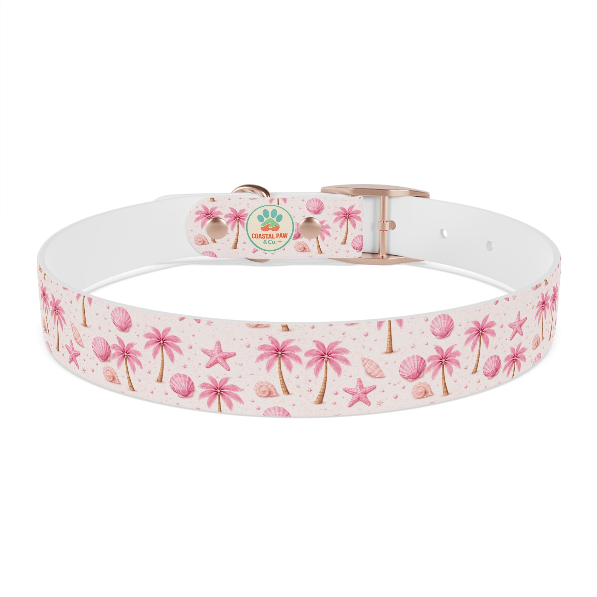 Pink Seashell Palm Tree Pattern Dog Collar | Beach Summer Print