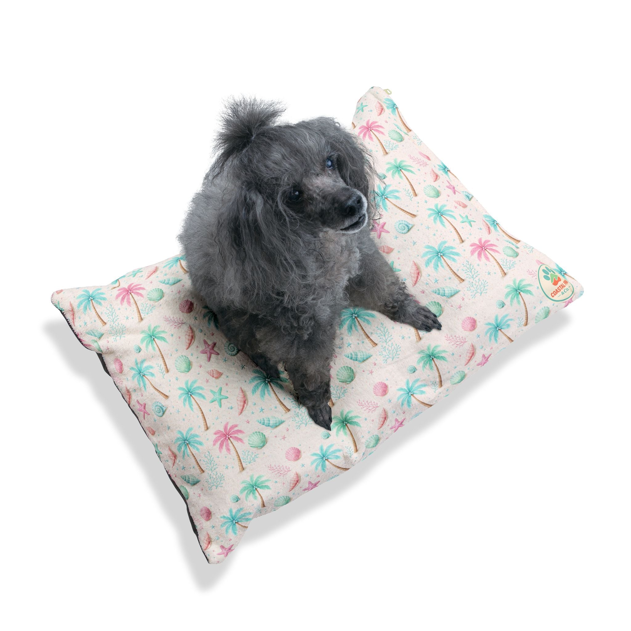 Pastel Palm Trees Pet Bed | Tropical Seashell Pattern