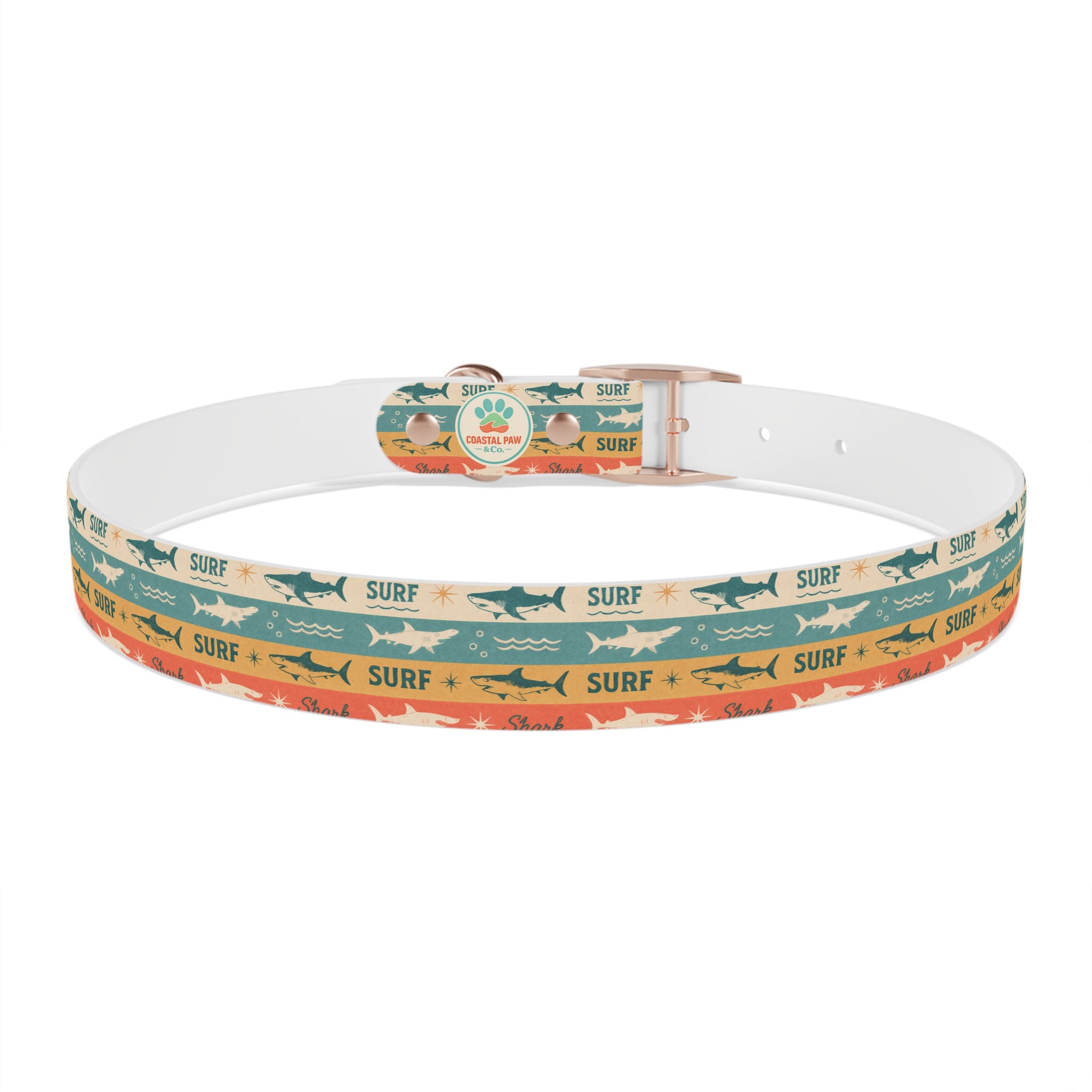 Retro Surf Sharks Dog Collar | Striped Beach Waves Pattern