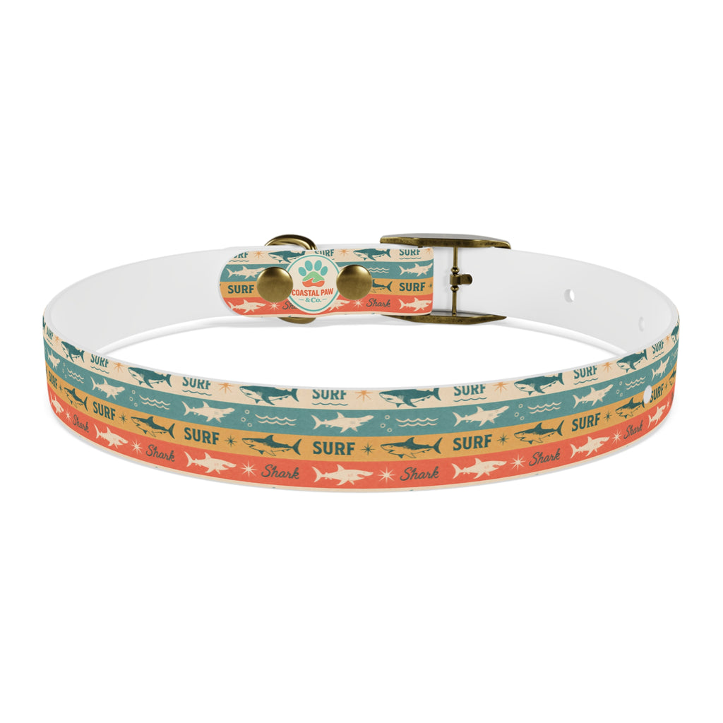 Retro Surf Sharks Dog Collar | Striped Beach Waves Pattern