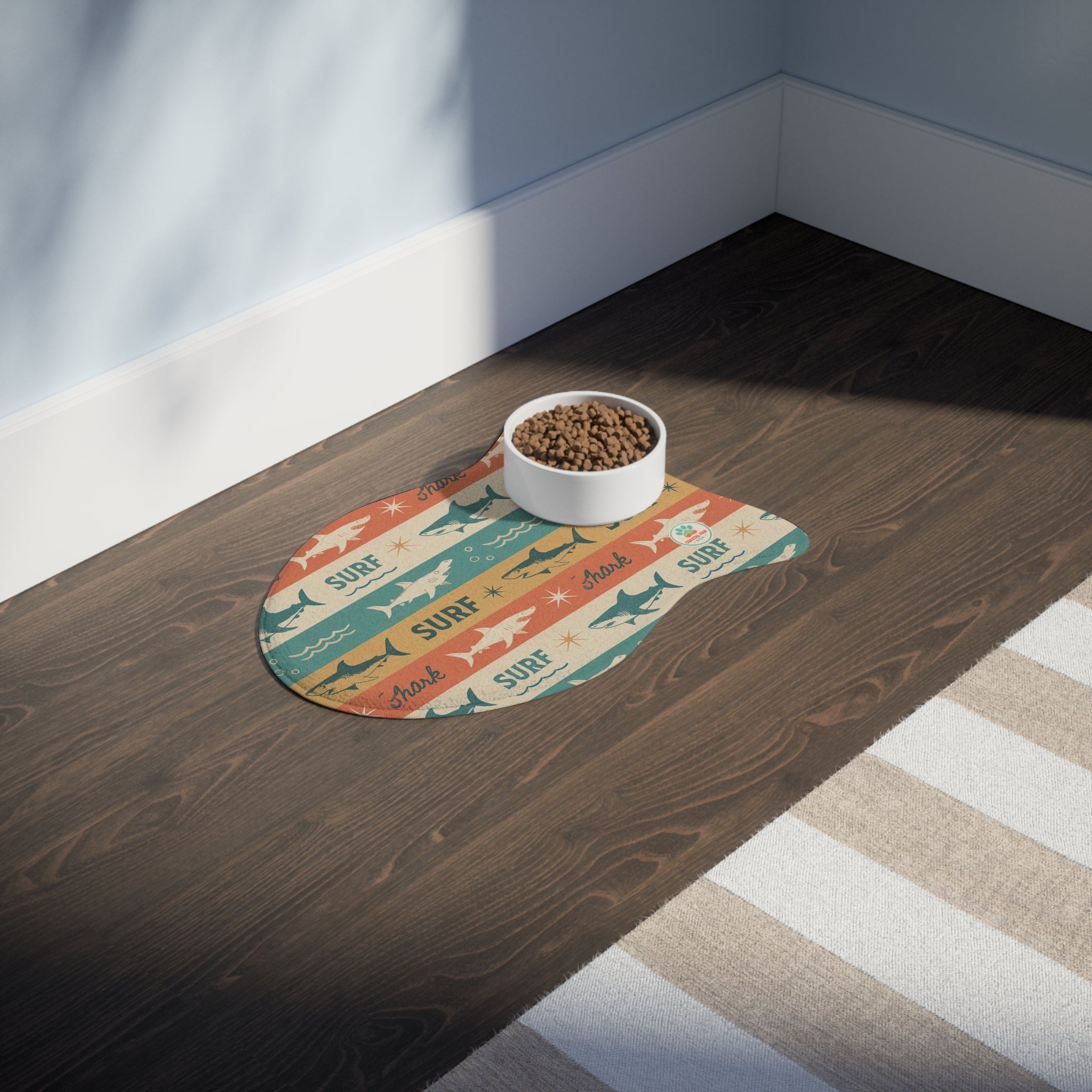 Retro Surf Sharks Pet Feeding Mat | Bone-Shaped Placemat for Pets