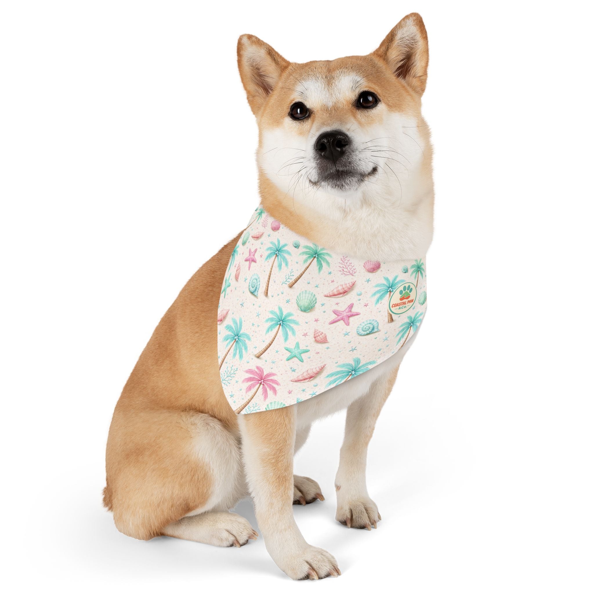 Pastel Palm Tree Seashells Pet Bandana Collar | Tropical Beach Print
