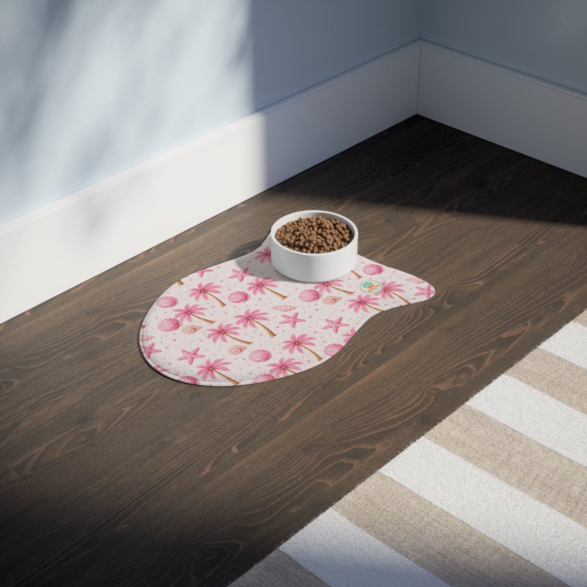 Pink Palm Trees Seashells Pet Feeding Mat | Spill proof Non-slip Placemat