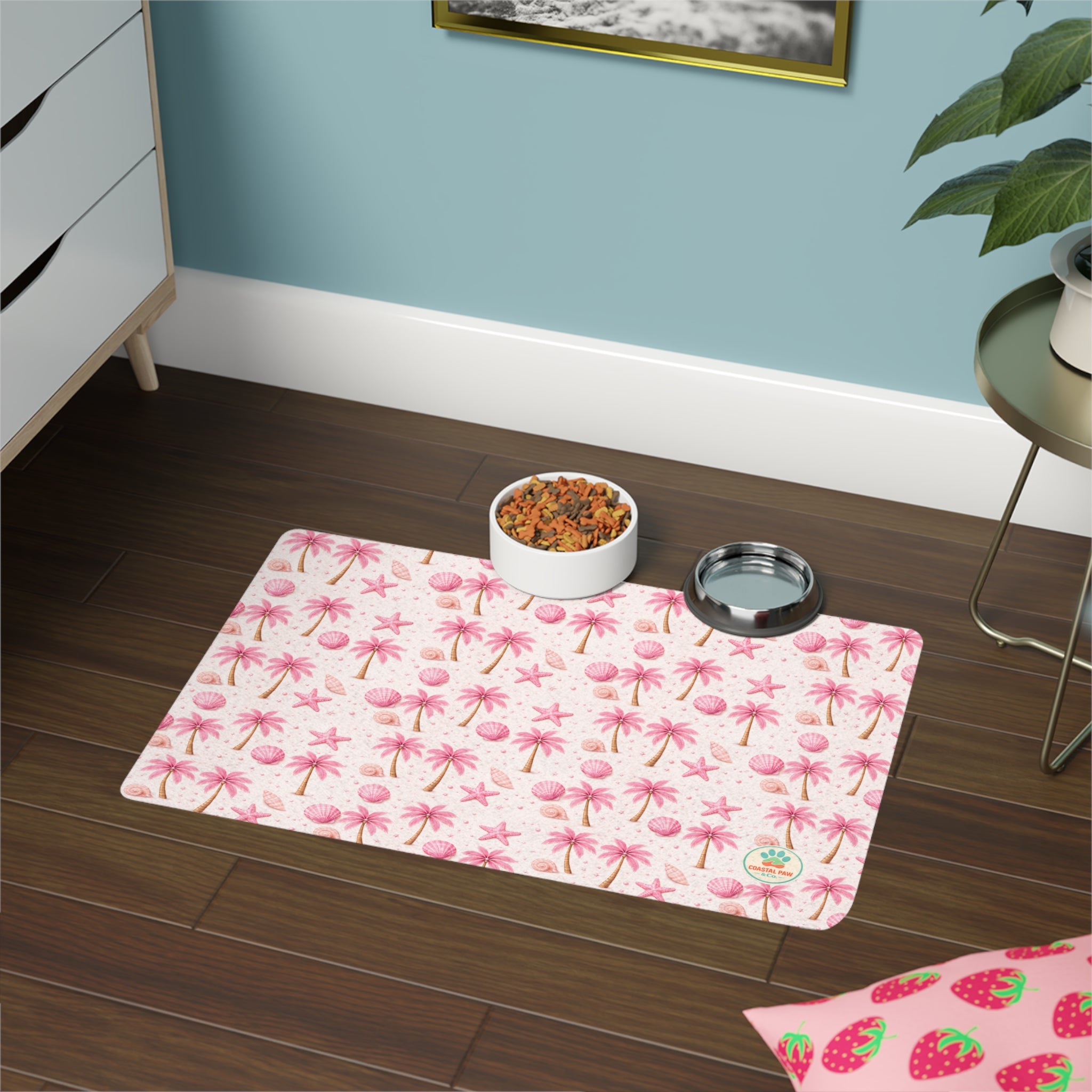 Pink Seashell Palm Pattern Pet Food Mat | 12x18