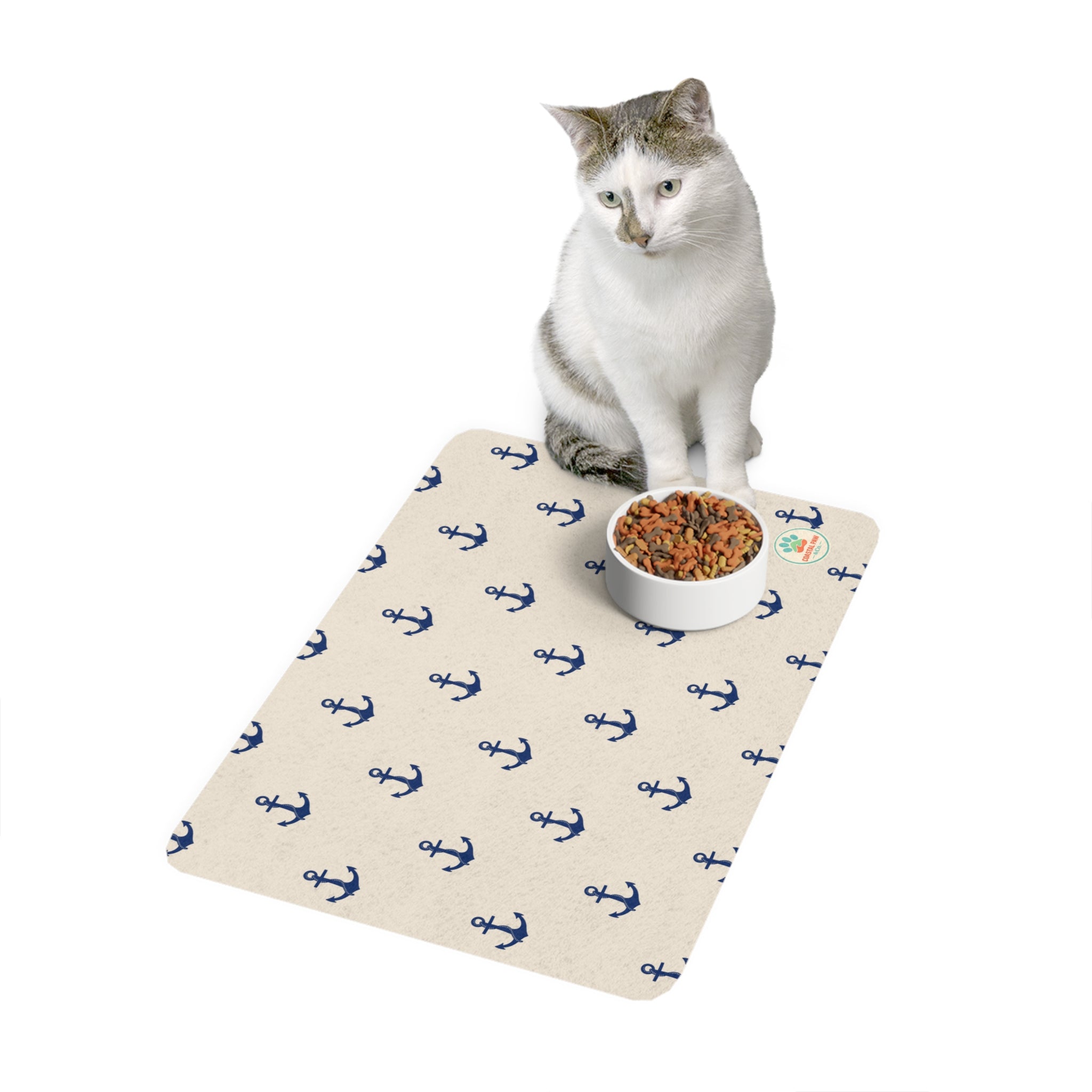 Navy Anchor Pattern Pet Food Mat 12x18 | Nautical Dog Cat Feeding Mat