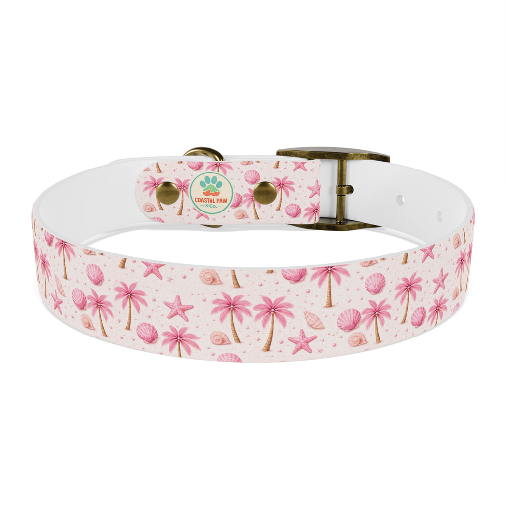Pink Seashell Palm Tree Pattern Dog Collar | Beach Summer Print