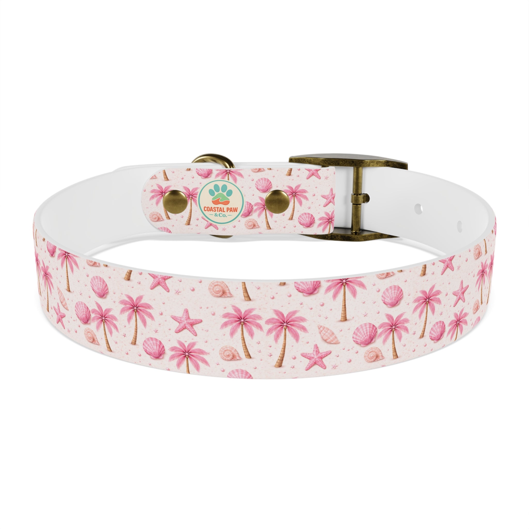 Pink Seashell Palm Tree Pattern Dog Collar | Beach Summer Print