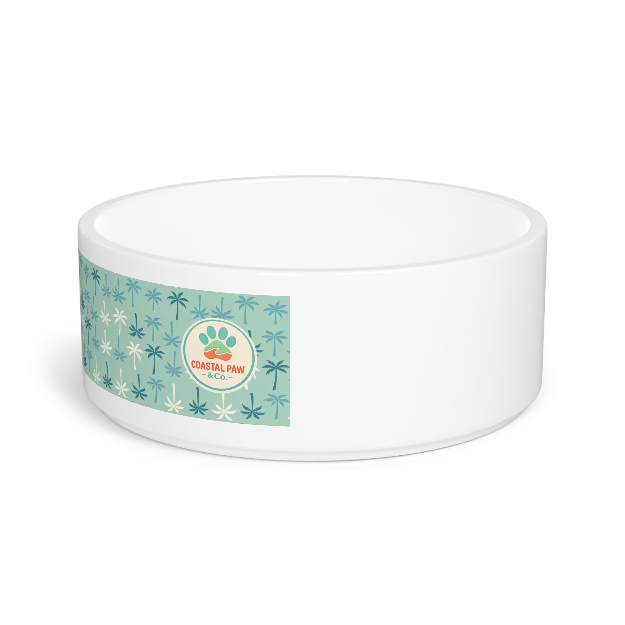 Teal Palm Tree Pattern Pet Bowl | Tropical Dog Cat Feeding Bowl