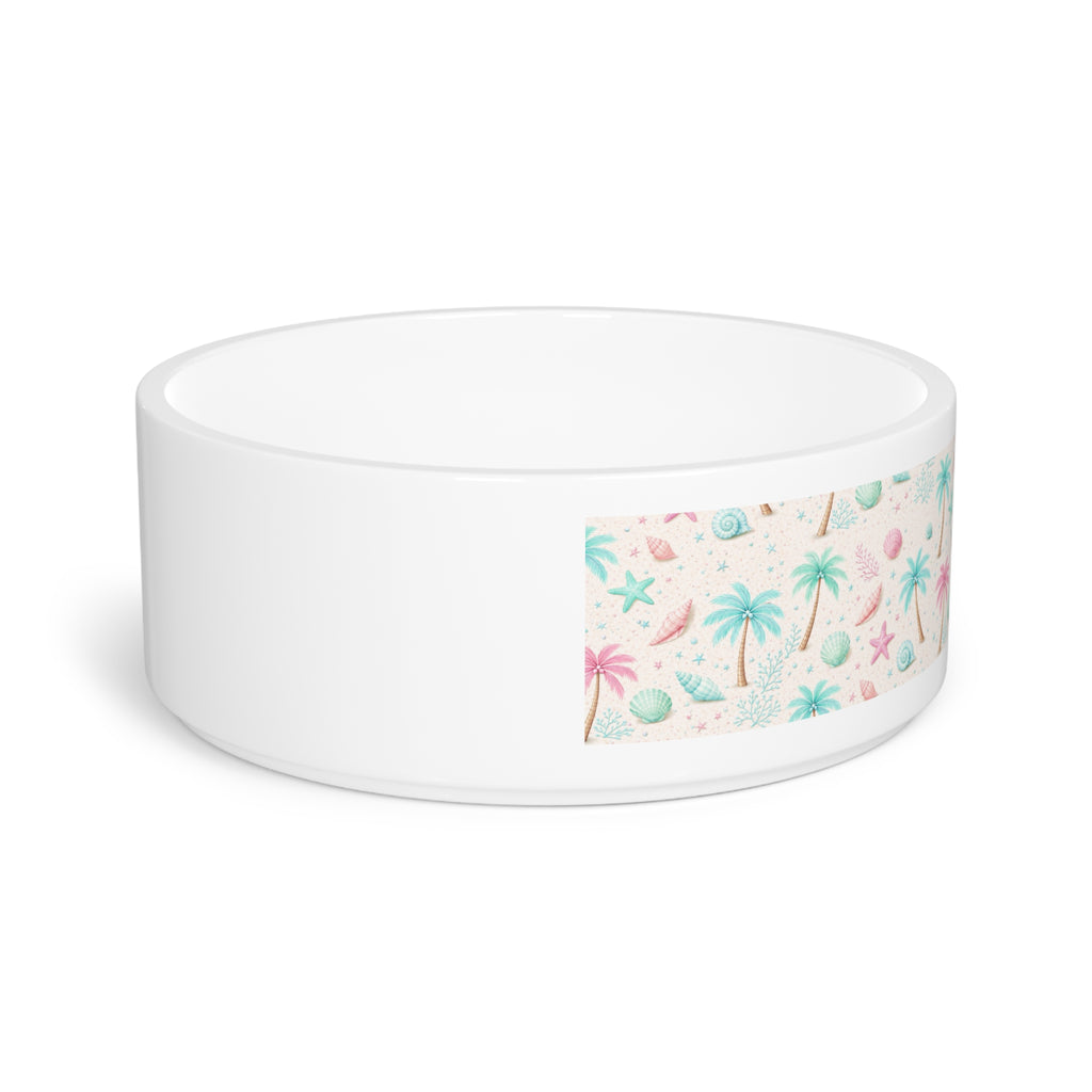 Pastel Beach Shells Pet Bowl | Palm Trees, Starfish, Seashell Pattern