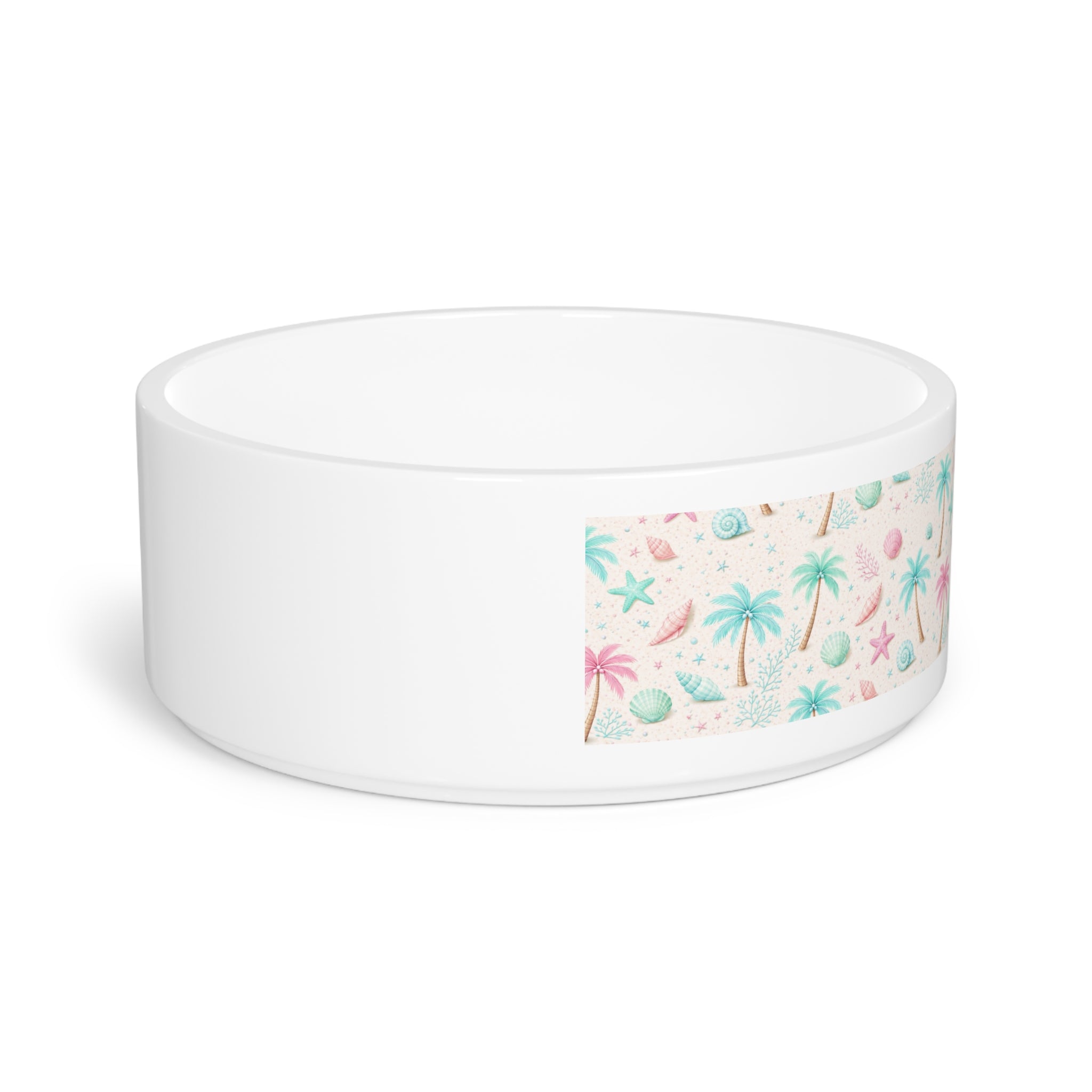 Pastel Beach Shells Pet Bowl | Palm Trees, Starfish, Seashell Pattern