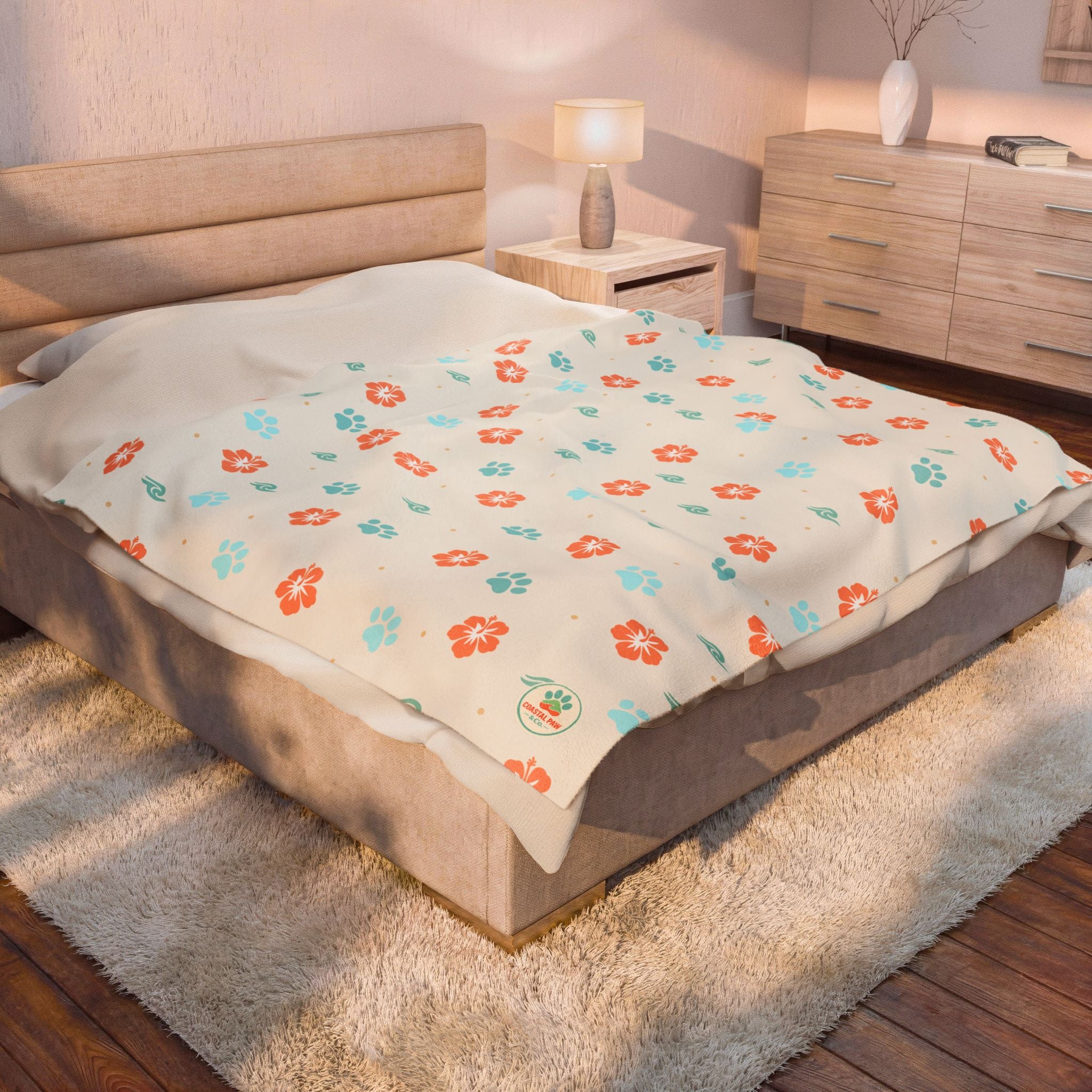 Retro Floral Pattern Velveteen Plush Blanket | Orange Teal Flower Throw
