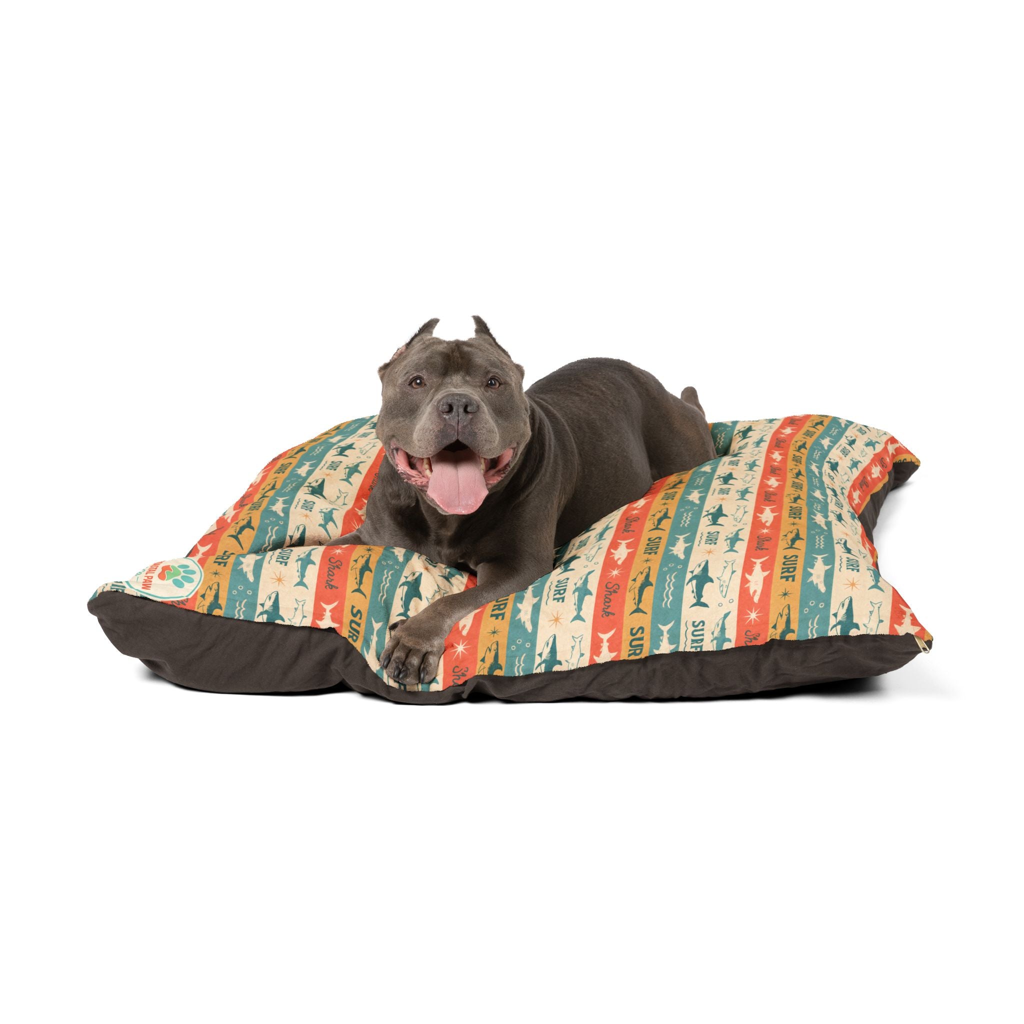 Retro Surf Sharks Pet Bed | Beach Stripes, Orange Teal Pattern