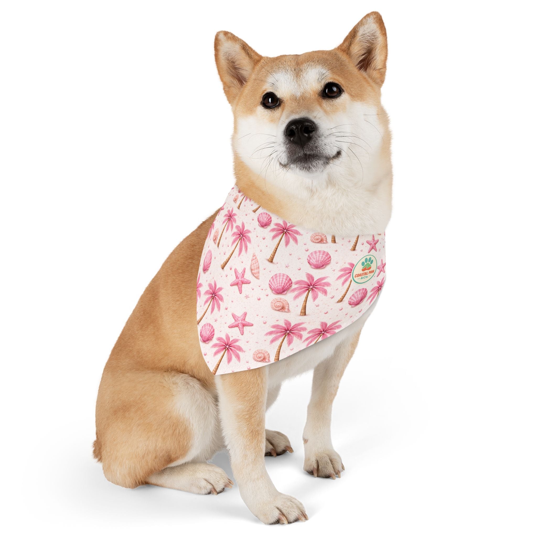 Pink Palm Trees Seashells Pet Bandana Collar | Tropical Beach Print