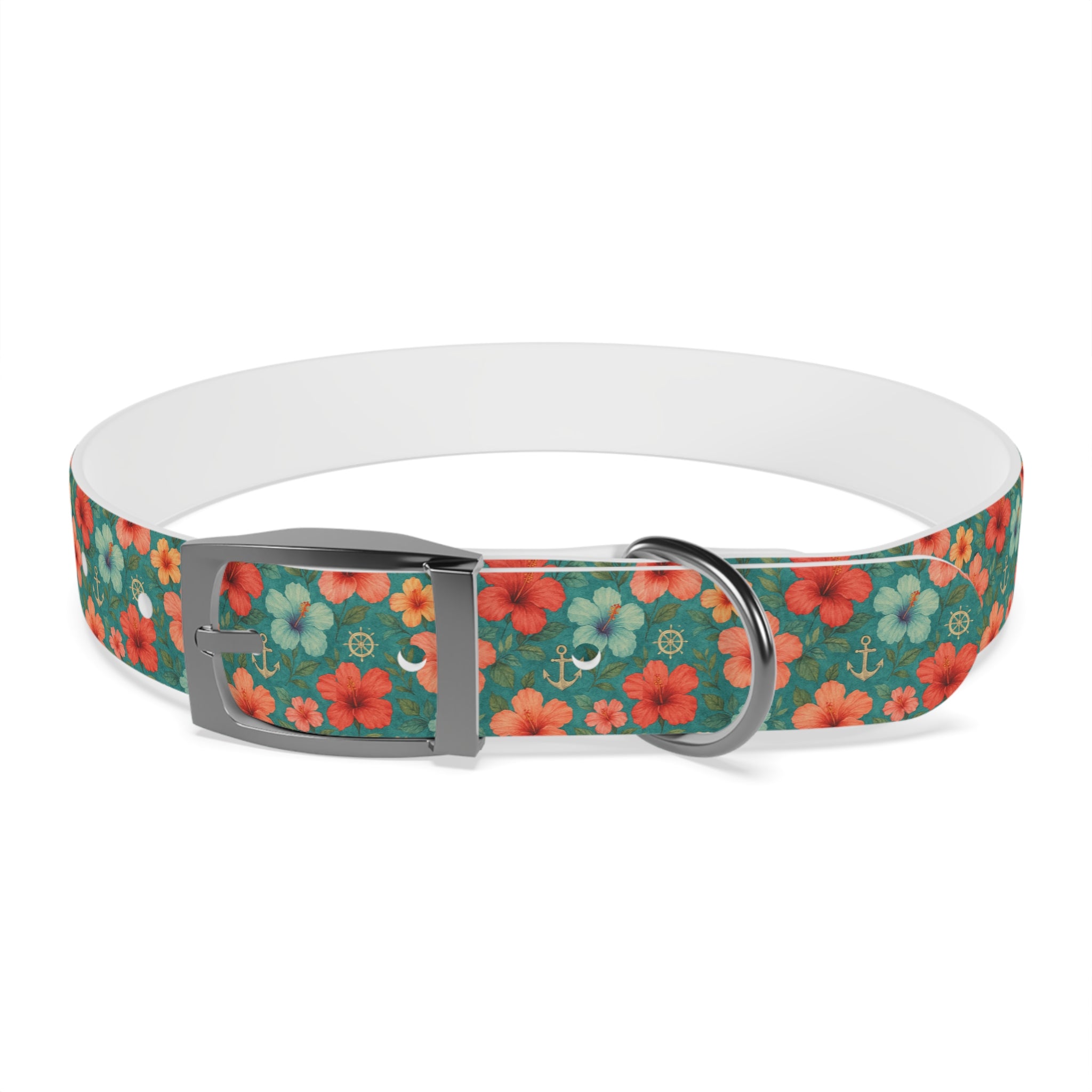 Tropical Hibiscus Pattern Dog Collar | Coral Floral on Teal