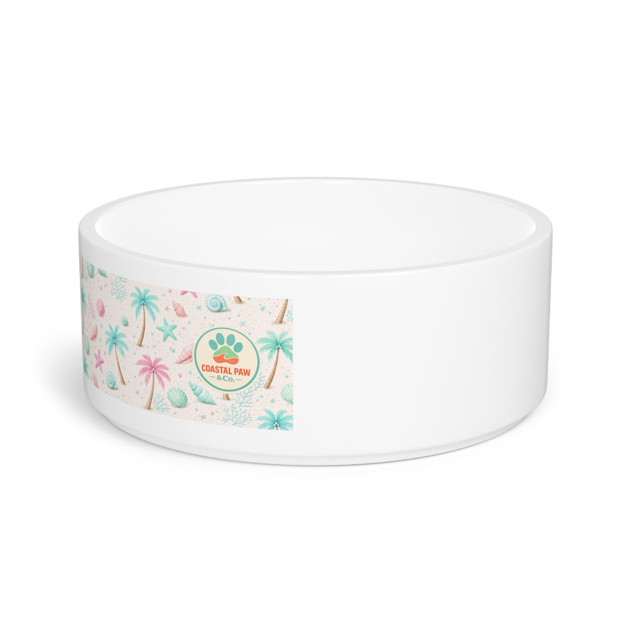Pastel Beach Shells Pet Bowl | Palm Trees, Starfish, Seashell Pattern