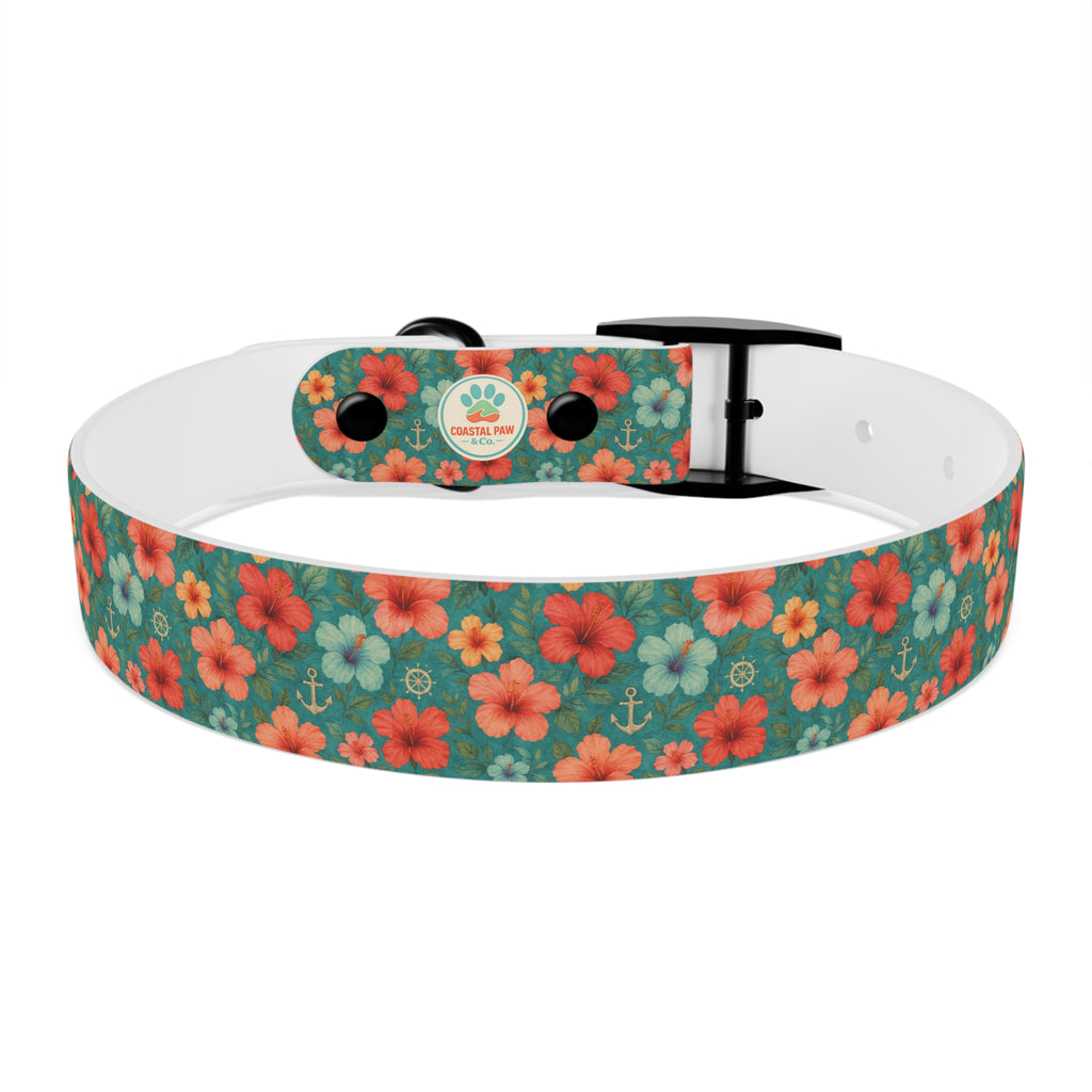 Tropical Hibiscus Pattern Dog Collar | Coral Floral on Teal