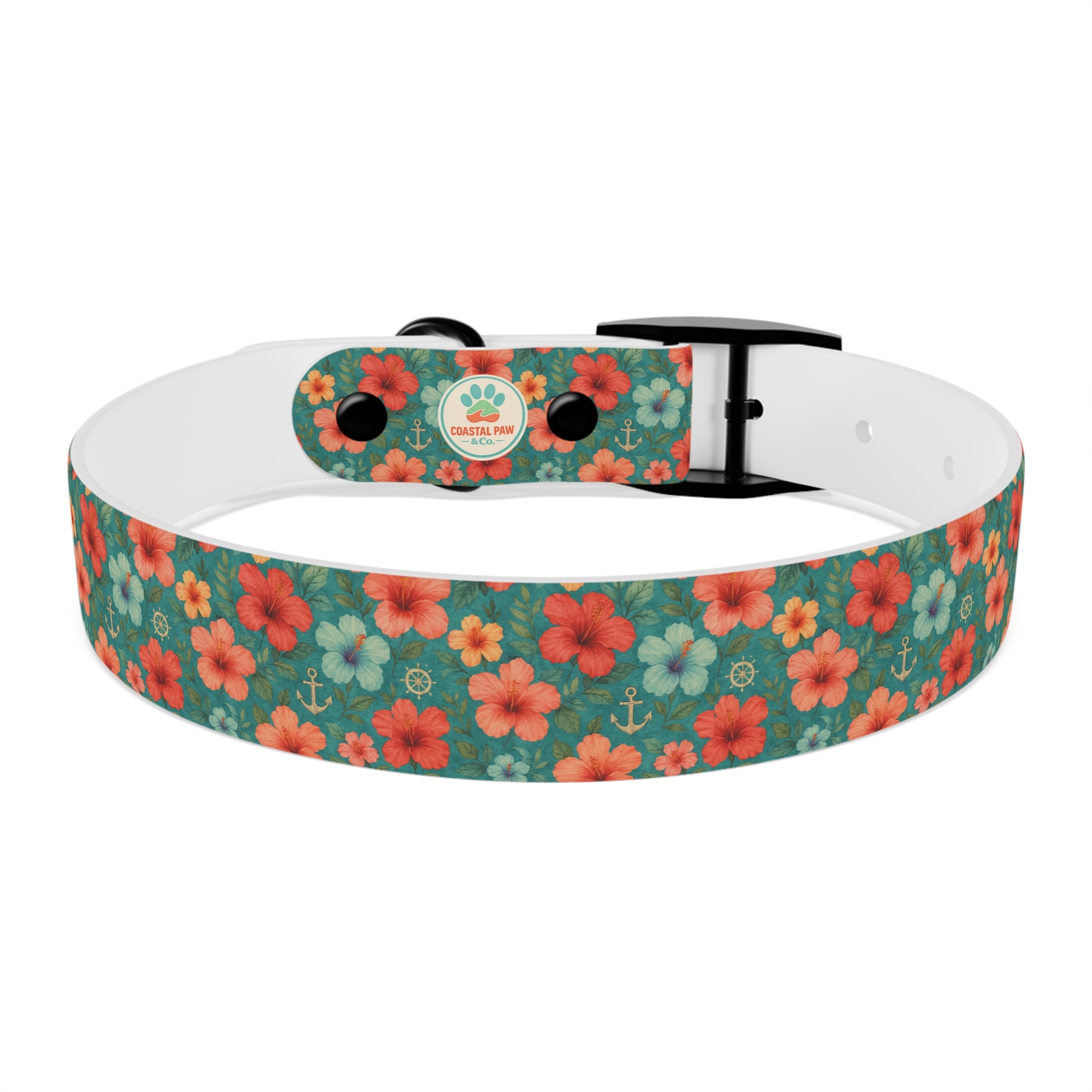 Tropical Hibiscus Pattern Dog Collar | Coral Floral on Teal