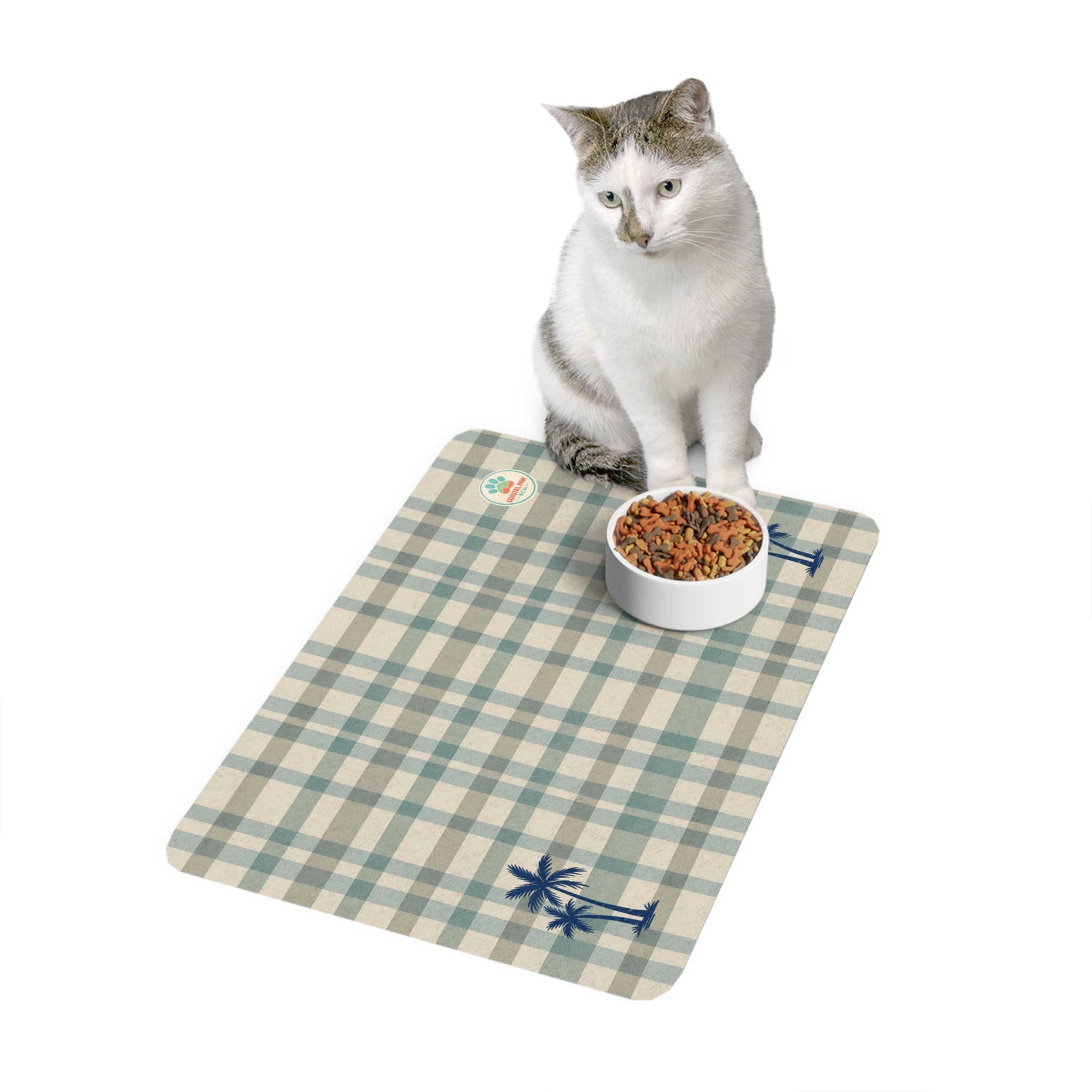Navy Palm Trees Plaid Pet Food Mat