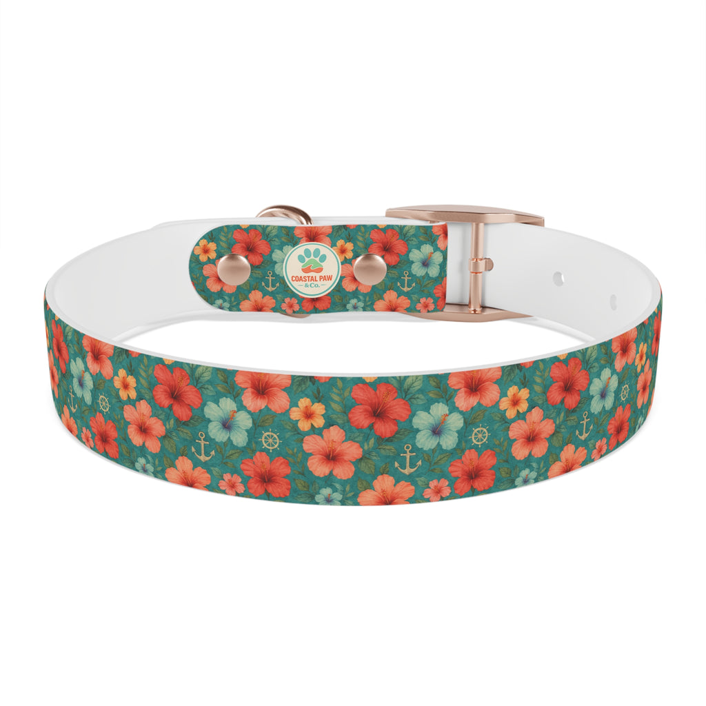 Tropical Hibiscus Pattern Dog Collar | Coral Floral on Teal
