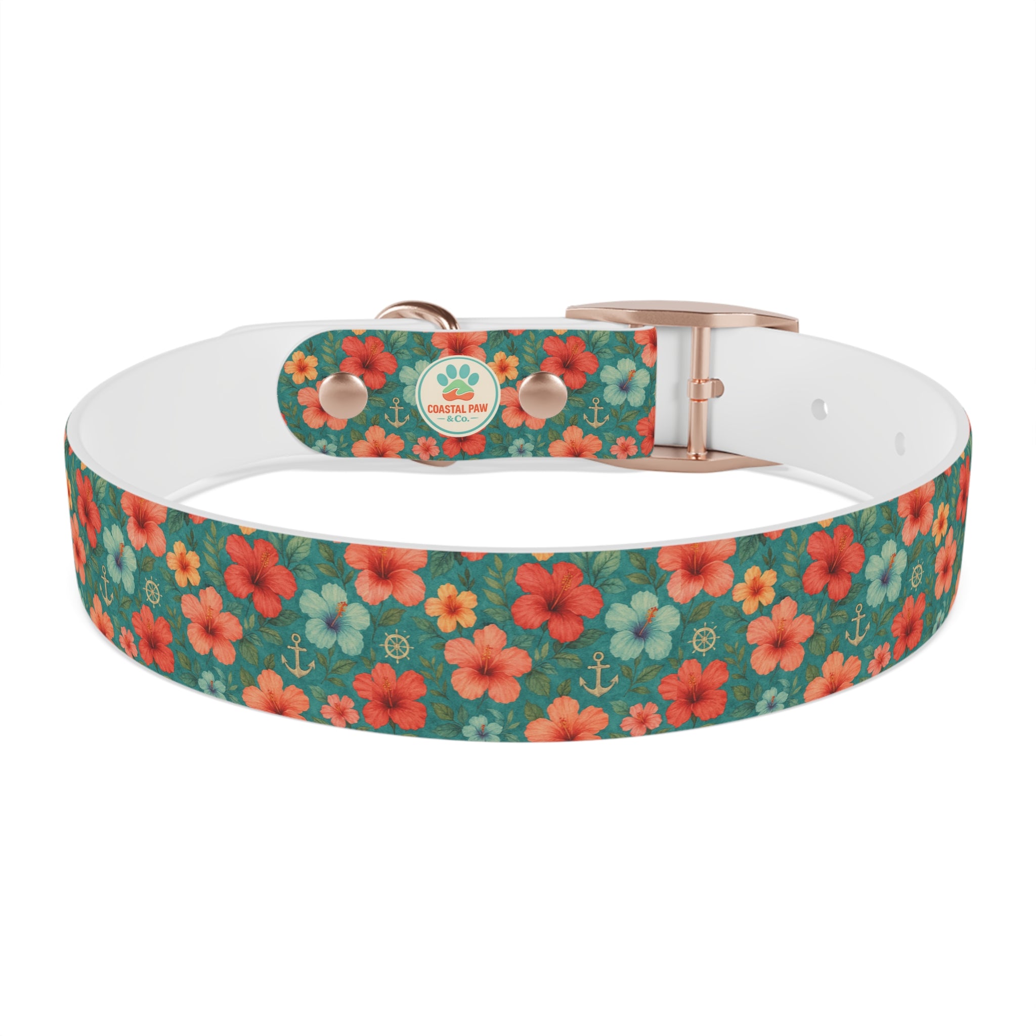 Tropical Hibiscus Pattern Dog Collar | Coral Floral on Teal