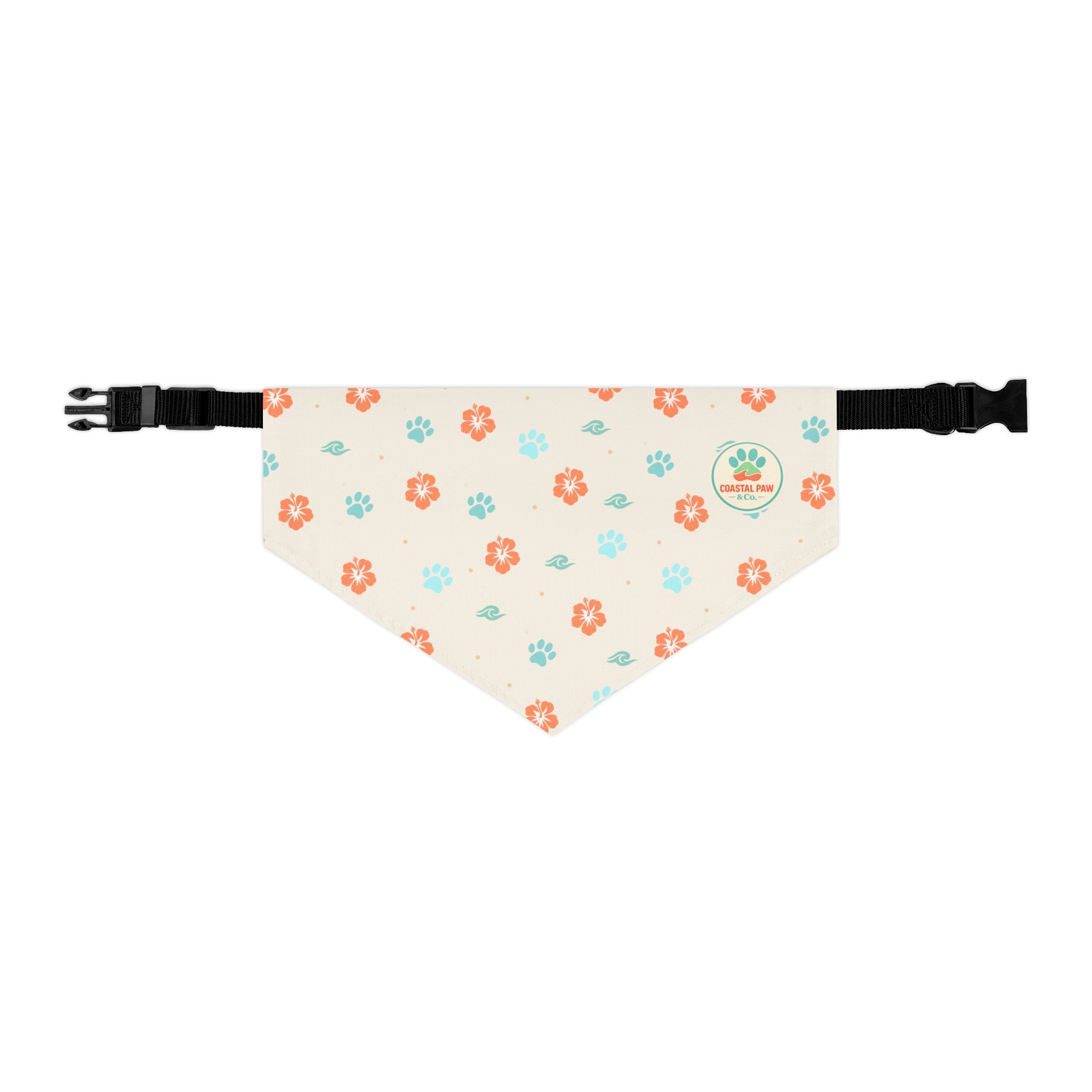 Coastal Paw Logo Pet Bandana Collar | Floral Paw Prints, Beach Theme