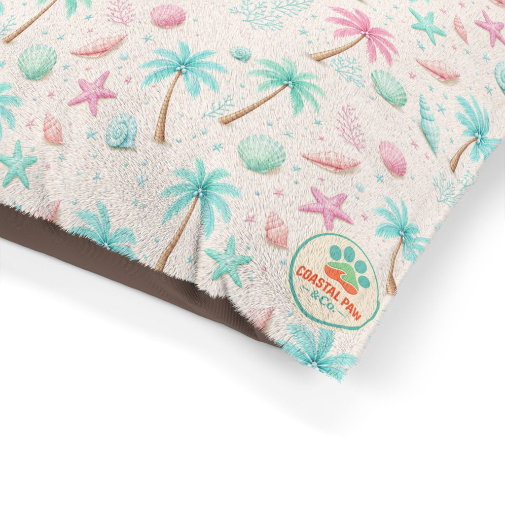 Pastel Palm Trees Pet Bed | Tropical Seashell Pattern