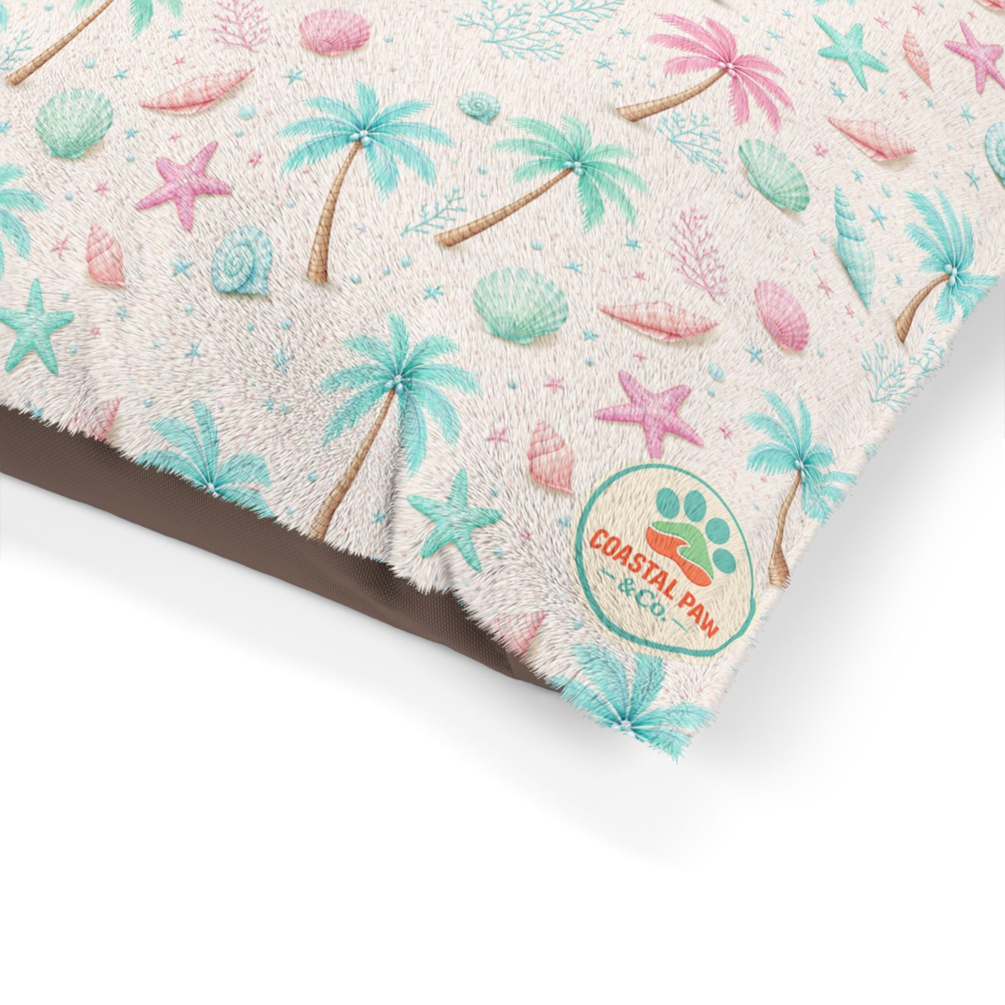 Pastel Palm Trees Pet Bed | Tropical Seashell Pattern
