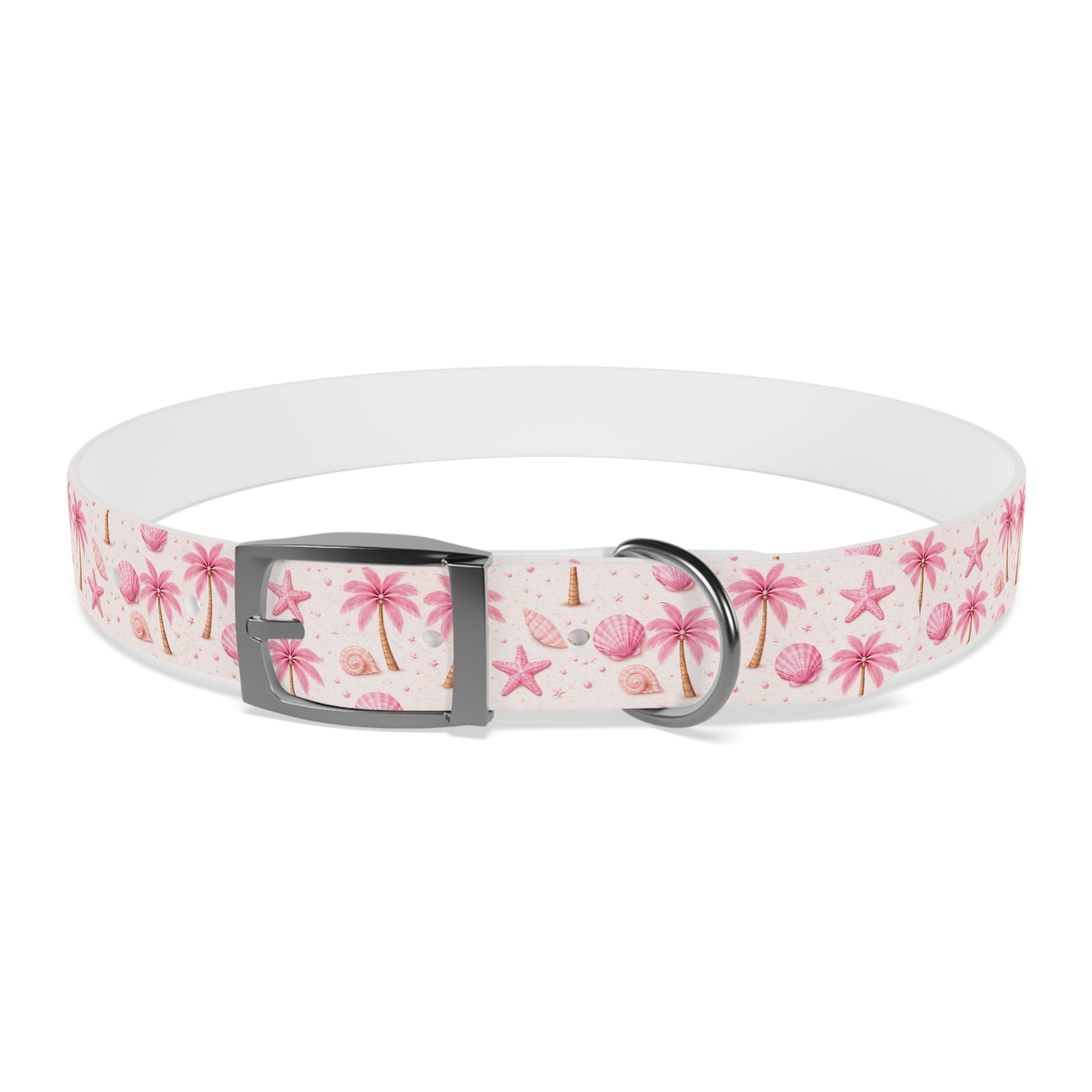 Pink Seashell Palm Tree Pattern Dog Collar | Beach Summer Print