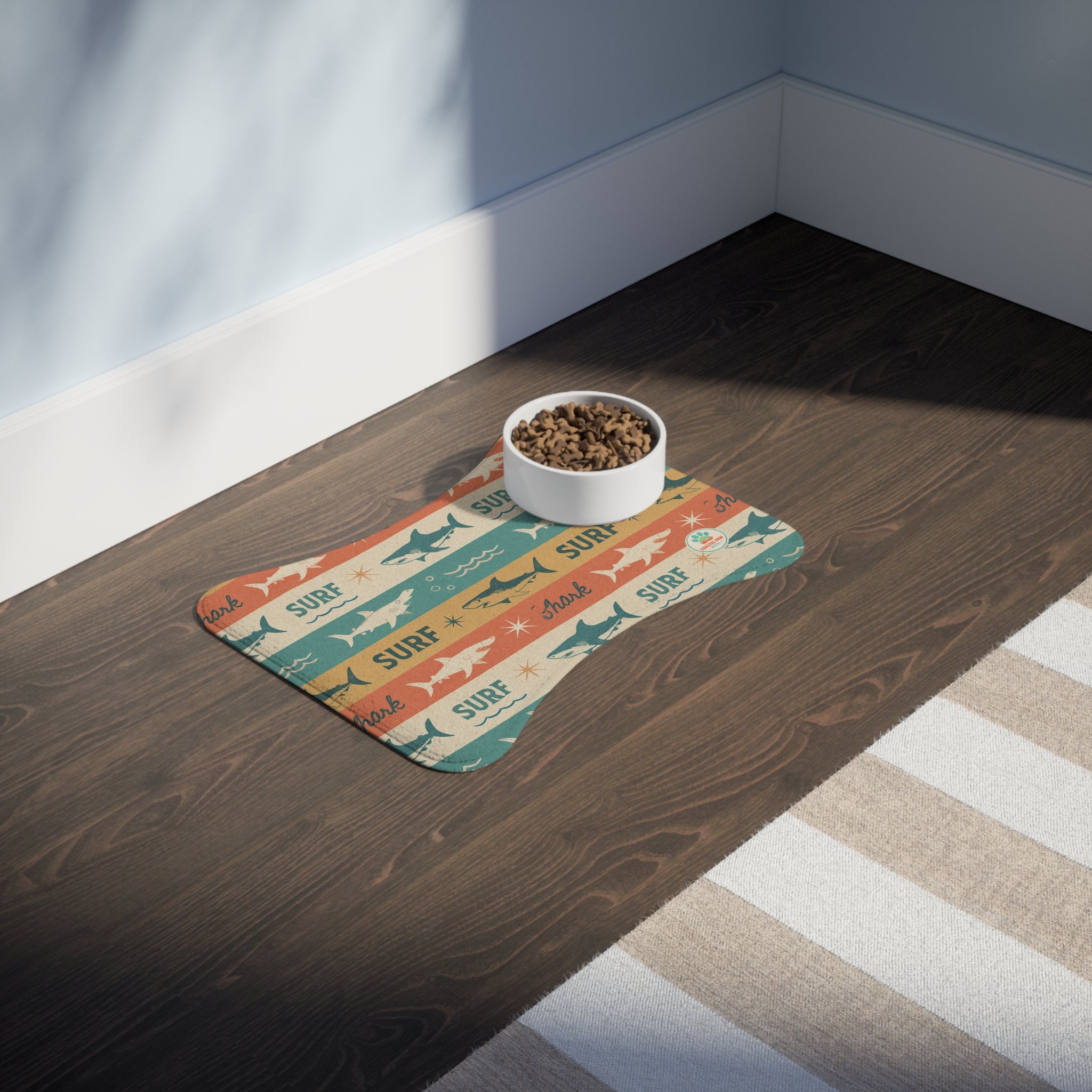 Retro Surf Sharks Pet Feeding Mat | Bone-Shaped Placemat for Pets