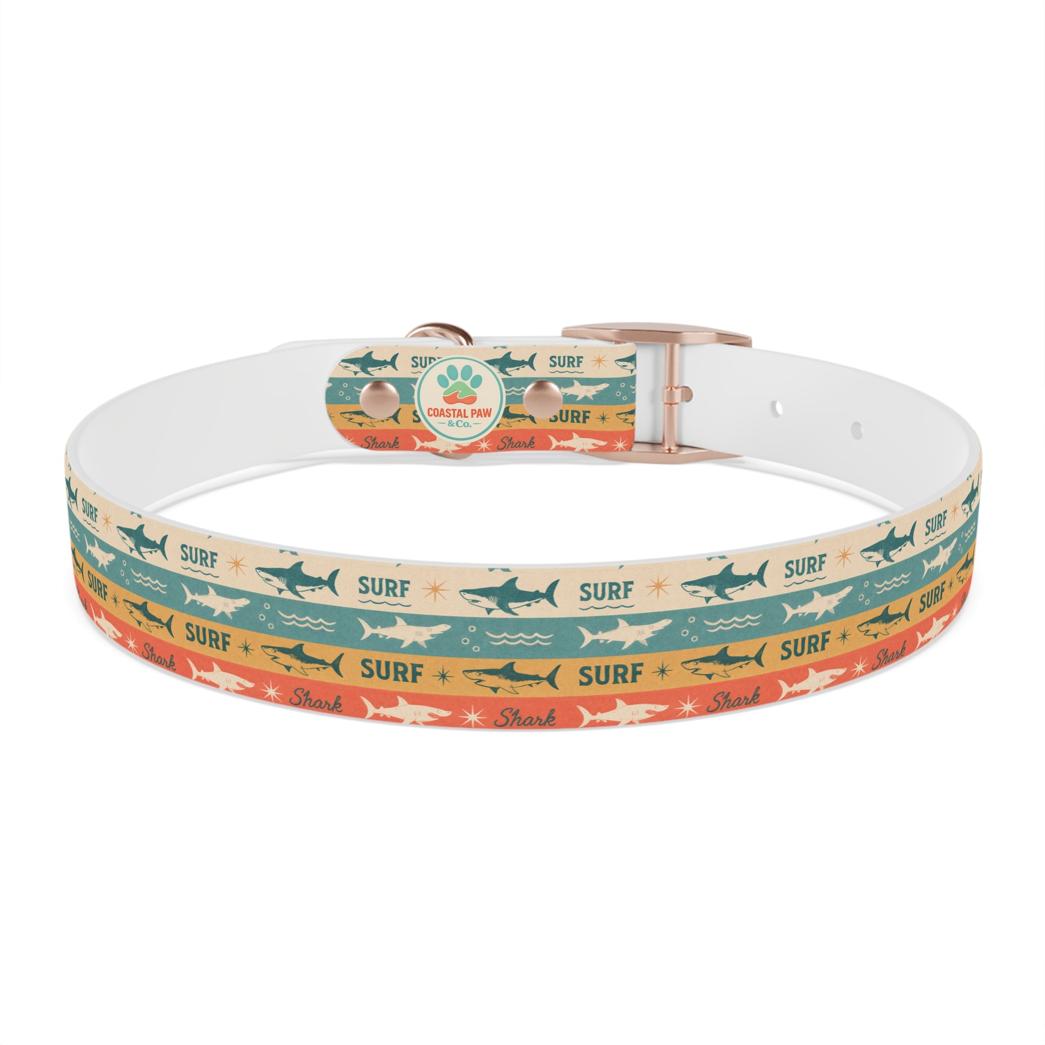 Retro Surf Sharks Dog Collar | Striped Beach Waves Pattern