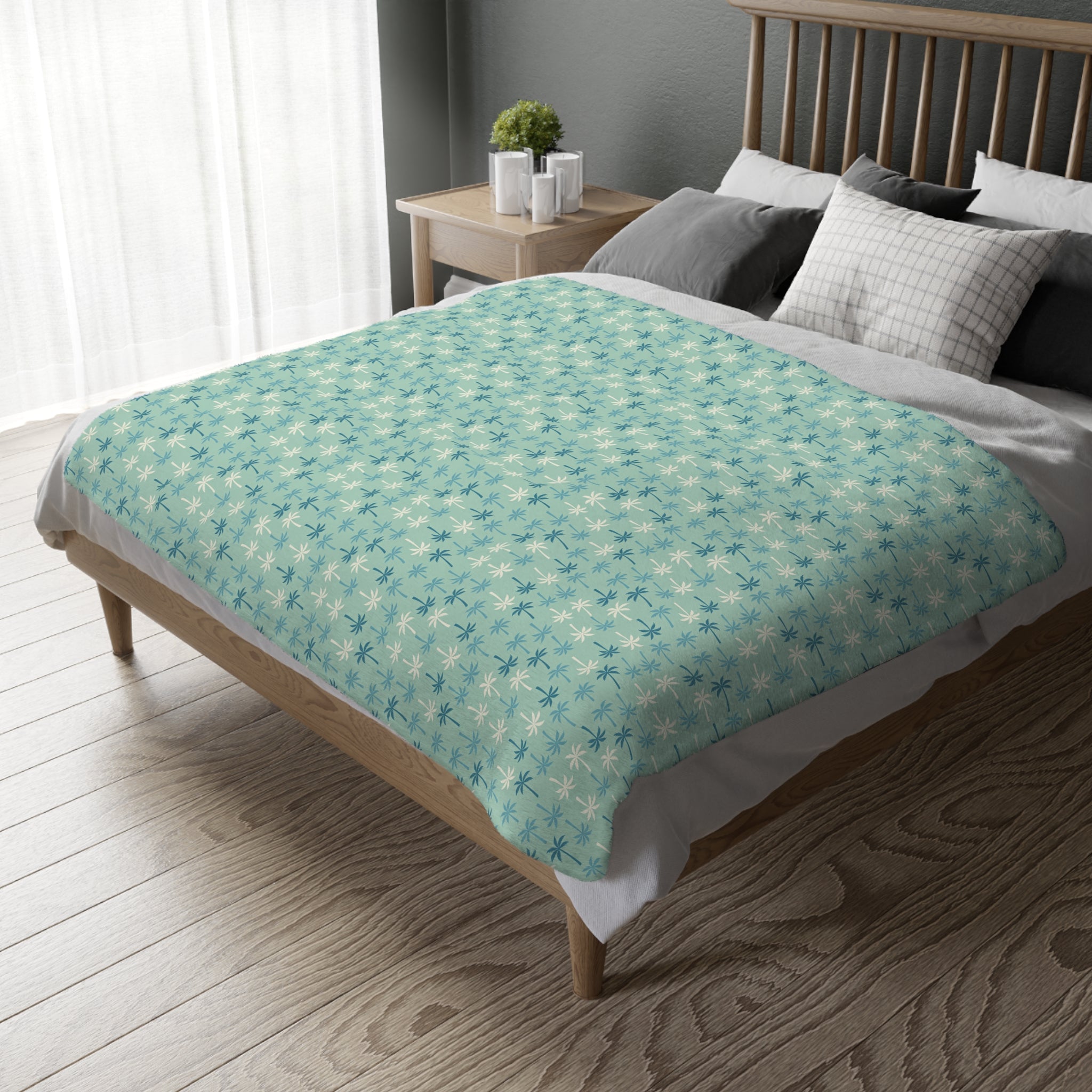 Teal Palm Pattern Blanket | Velveteen Microfiber Two-Sided Throw