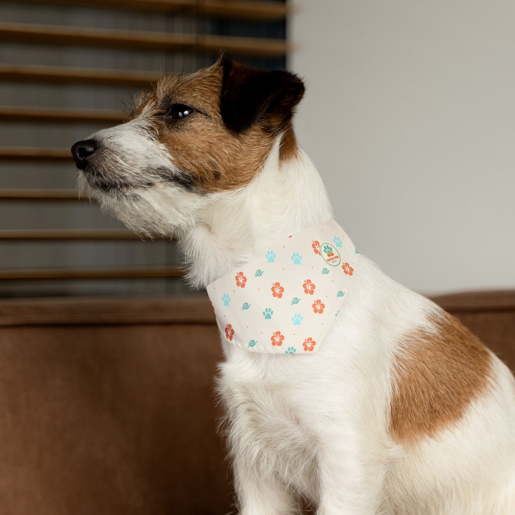 Coastal Paw Logo Pet Bandana Collar | Floral Paw Prints, Beach Theme